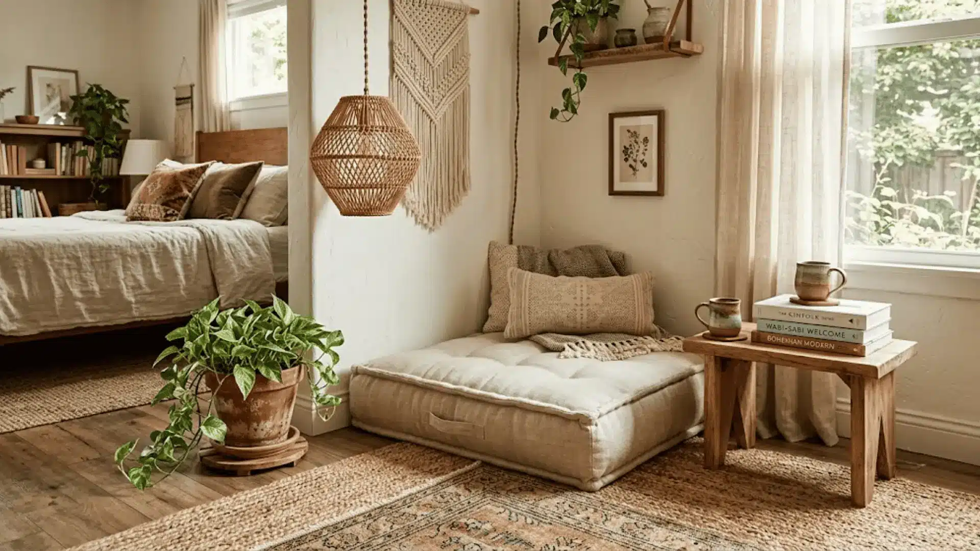 boho reading nook with floor cushion, rattan pendant, and trailing plant in warm bedroom corner light