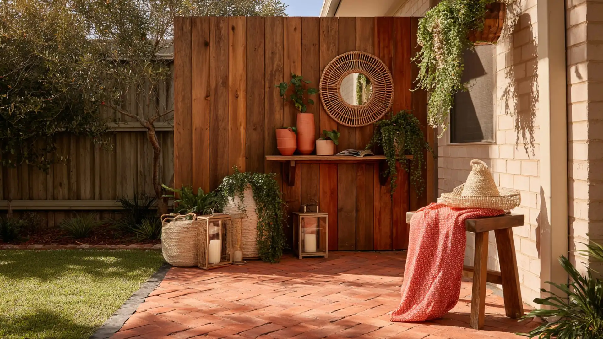 wooden fence with a mirror reflecting the surroundings and a wooden bench positioned nearby for seating.