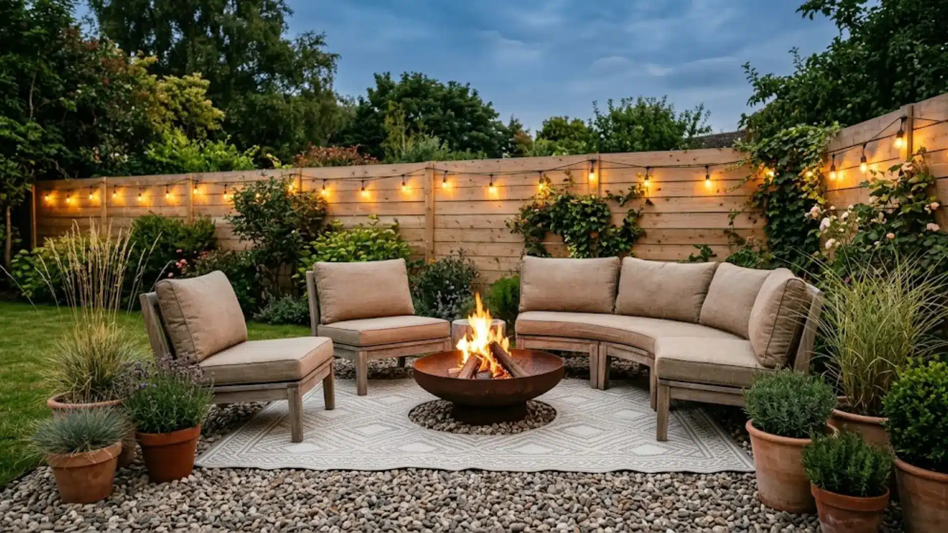 compact backyard fire pit lounge with circular gravel base, low wooden seating, outdoor rug, and string lights on fence