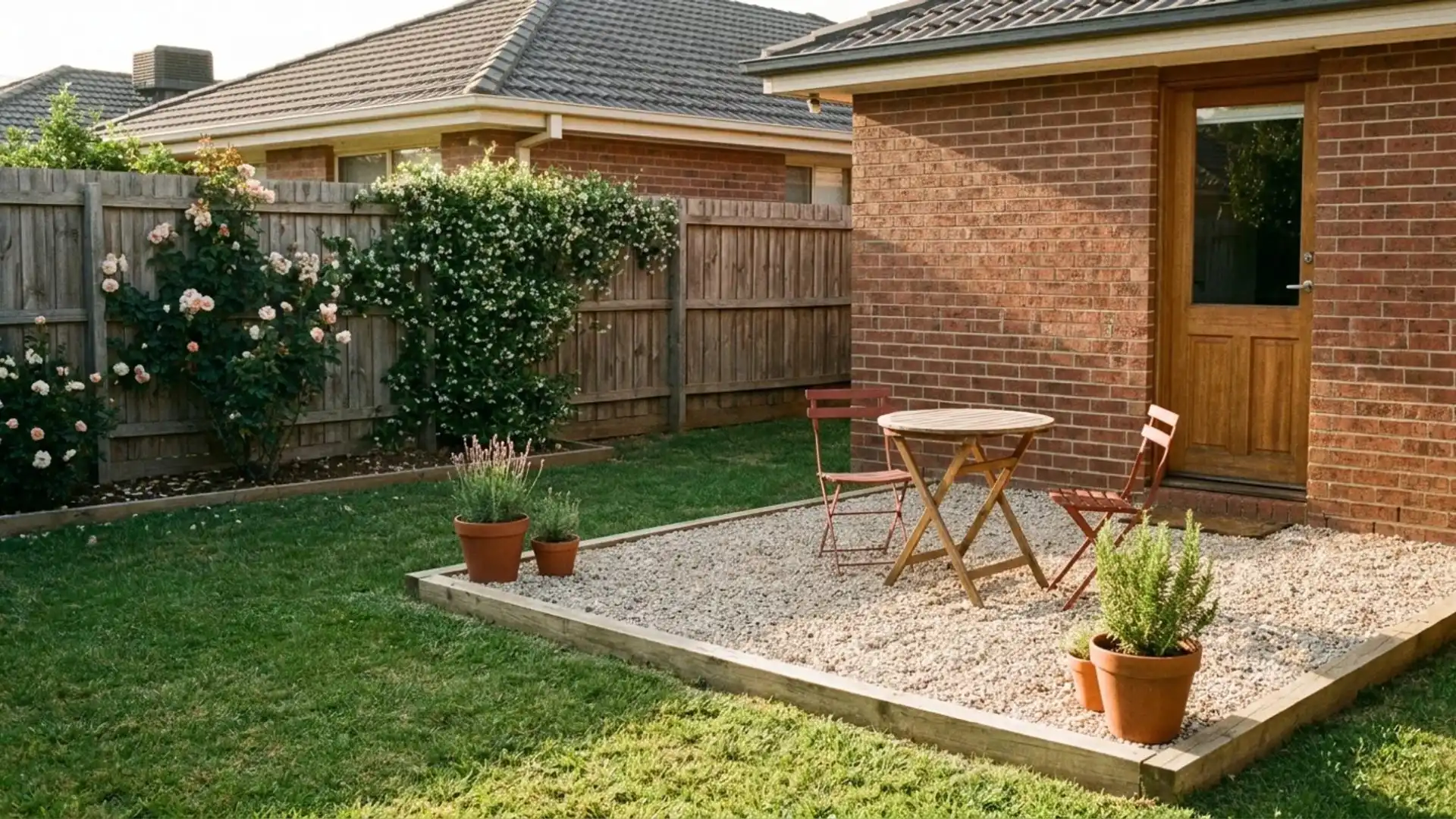 small backyard featuring a patio with a table, surrounded by grass and a few plants for a cozy outdoor space.