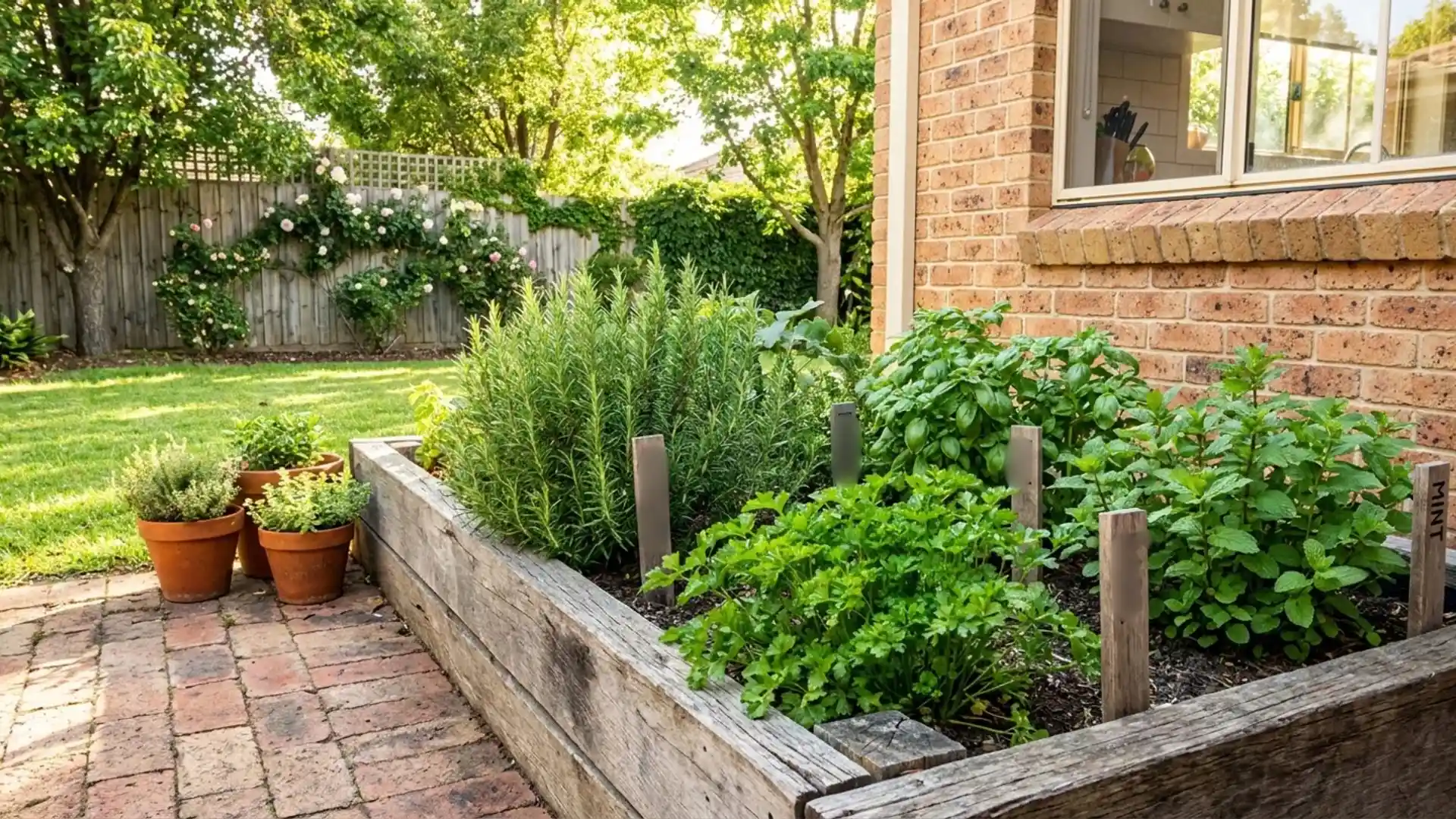 a vibrant garden featuring a raised bed filled with various herbs and lush green plants
