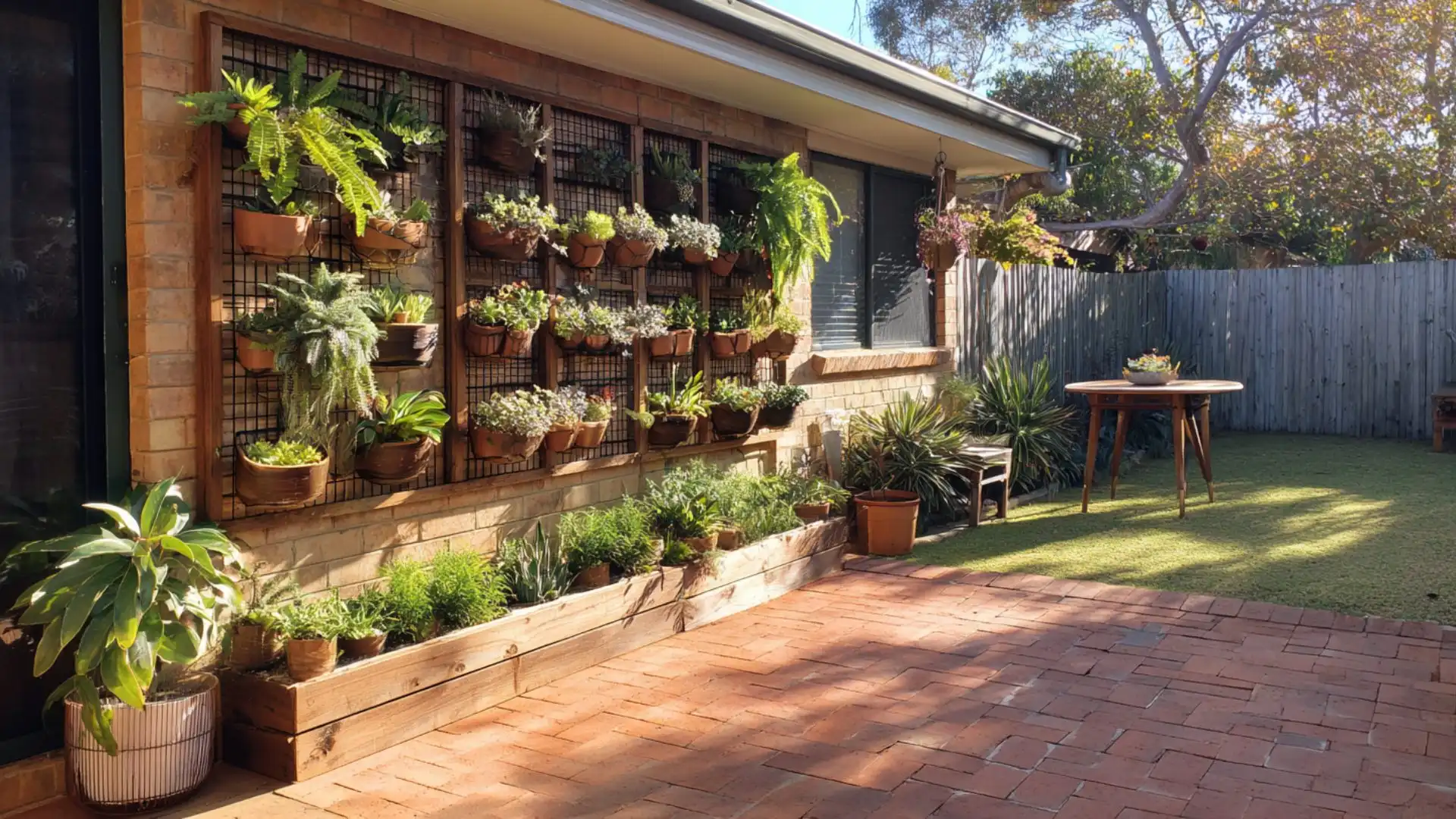 a backyard featuring a lush wall of plants alongside a cozy brick patio for outdoor relaxation and gatherings.