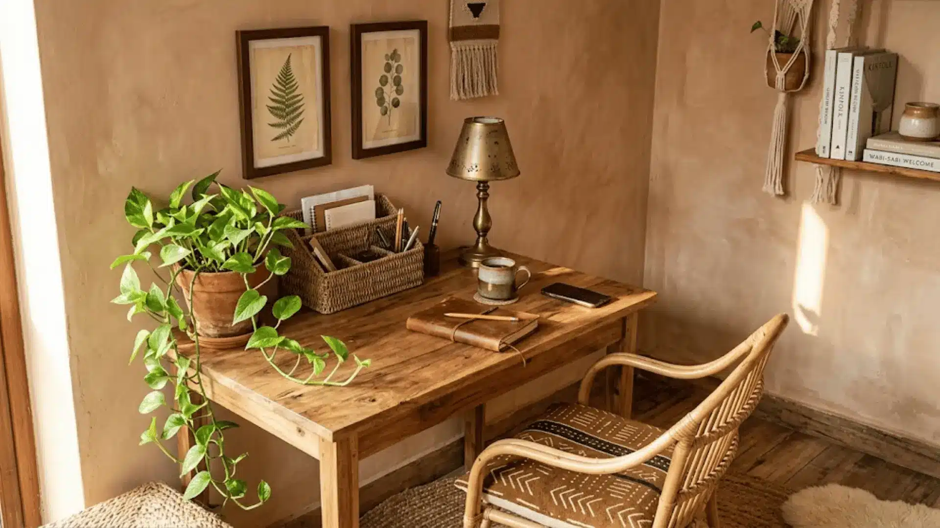 small boho desk corner with rattan chair, trailing plant, woven organizer, and vintage brass lamp