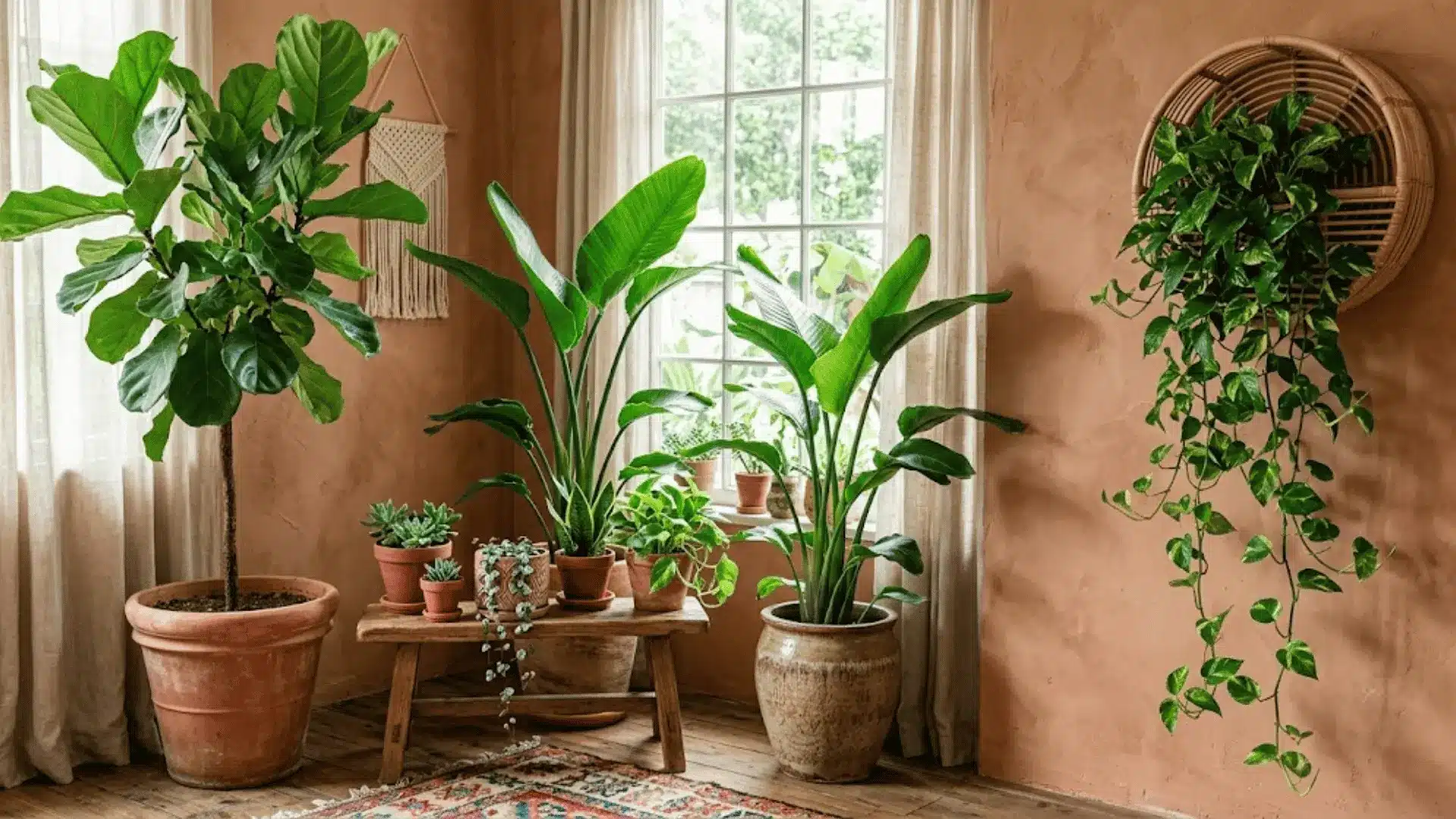 lush boho plant corner with fiddle leaf fig, pothos, and terracotta pots in natural window light