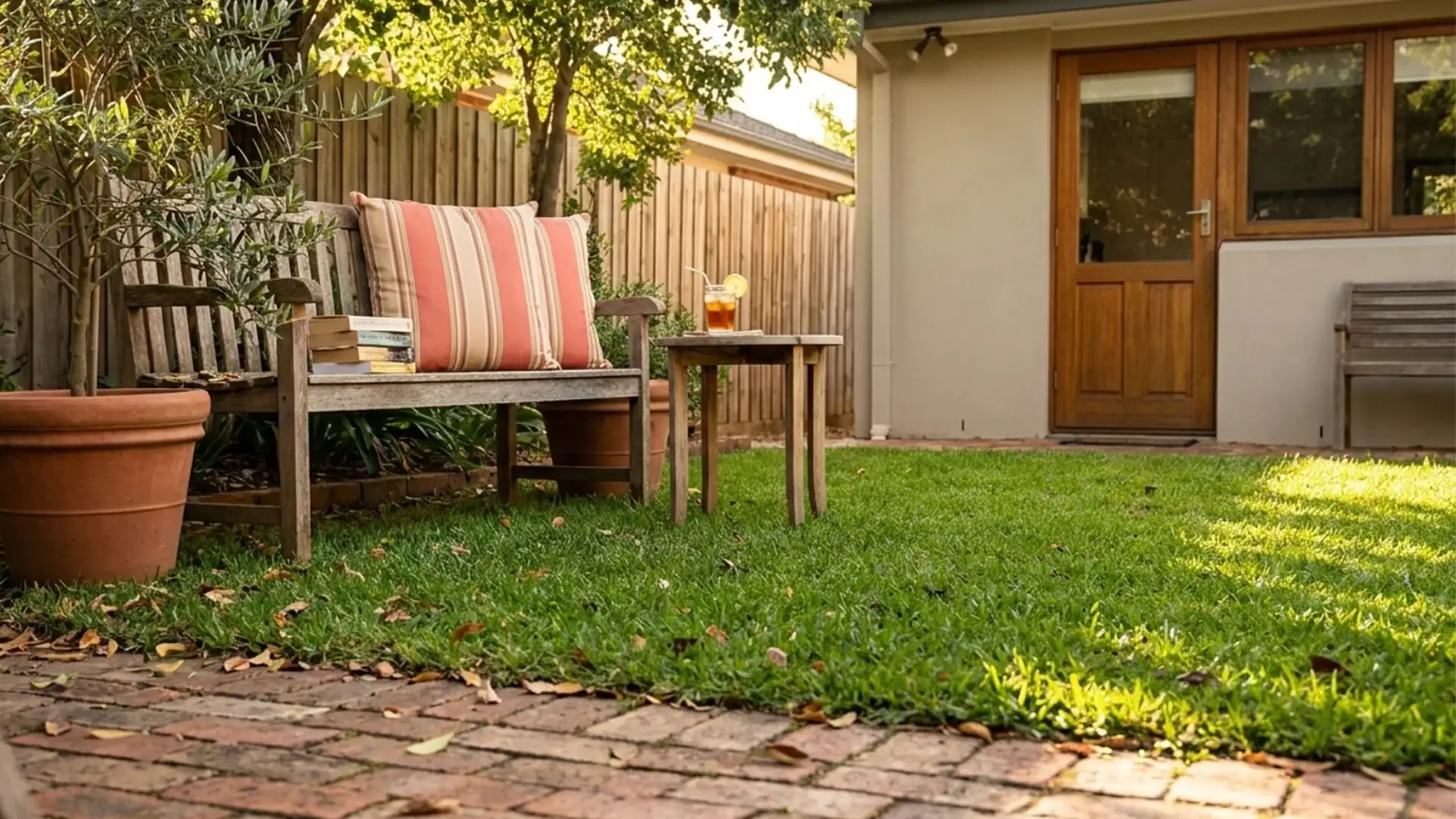 backyard scene featuring a wooden bench beside a table, surrounded by grass and a few scattered plants