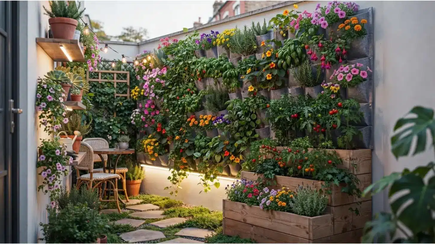 very small backyard with vertical garden wall and lush greenery