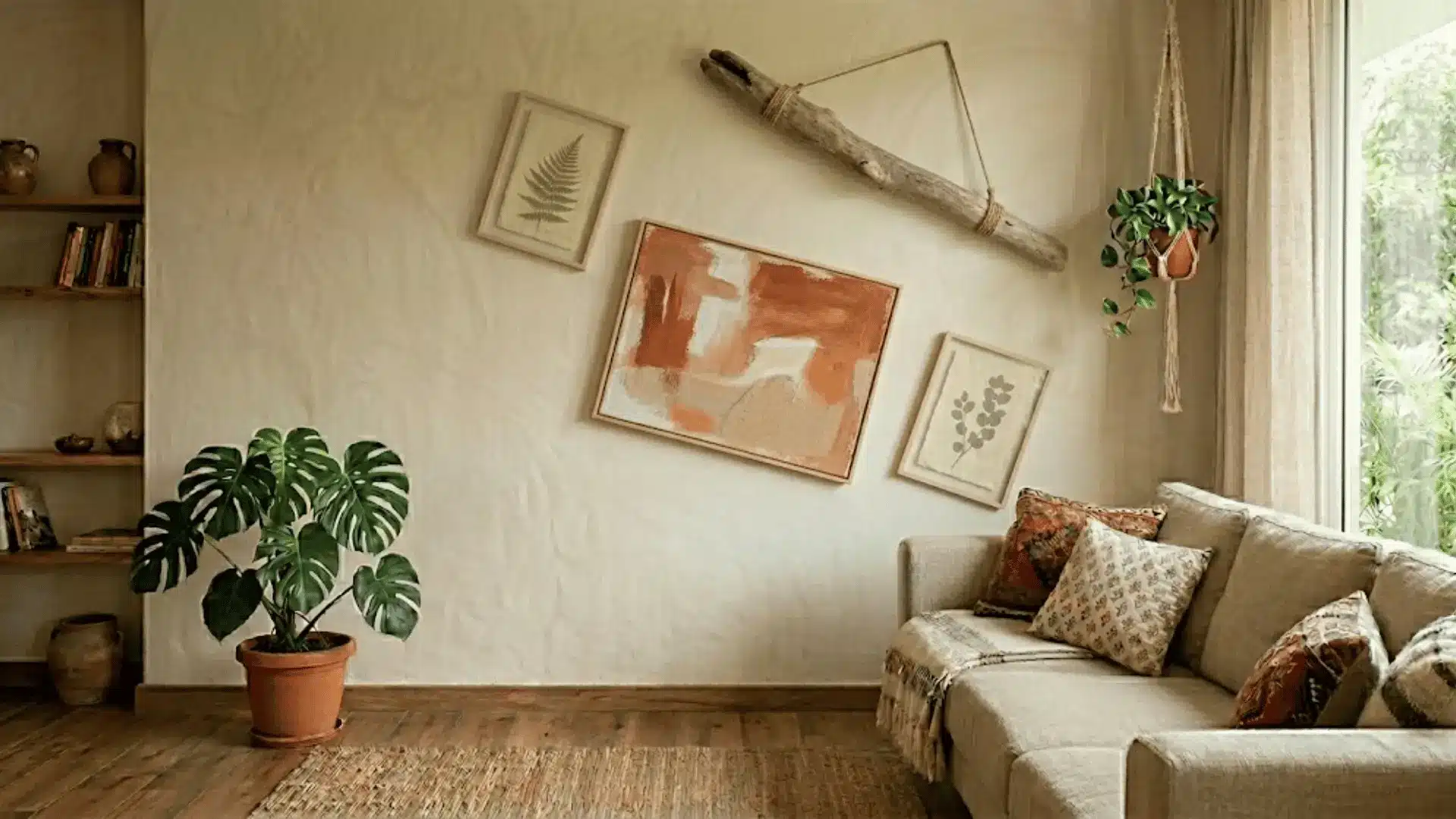 handmade wall art with earthy abstract canvas, pressed botanicals, and driftwood on a limewash wall