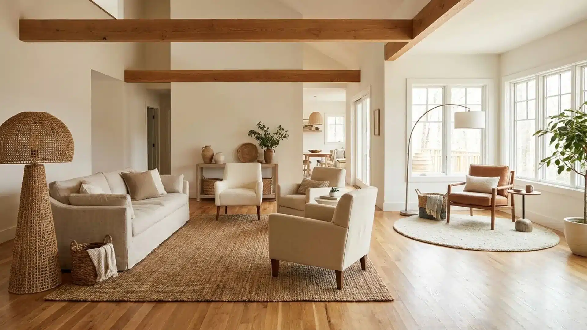 large open living room divided into seating and reading areas with rugs, armchairs, natural light, and wood floors