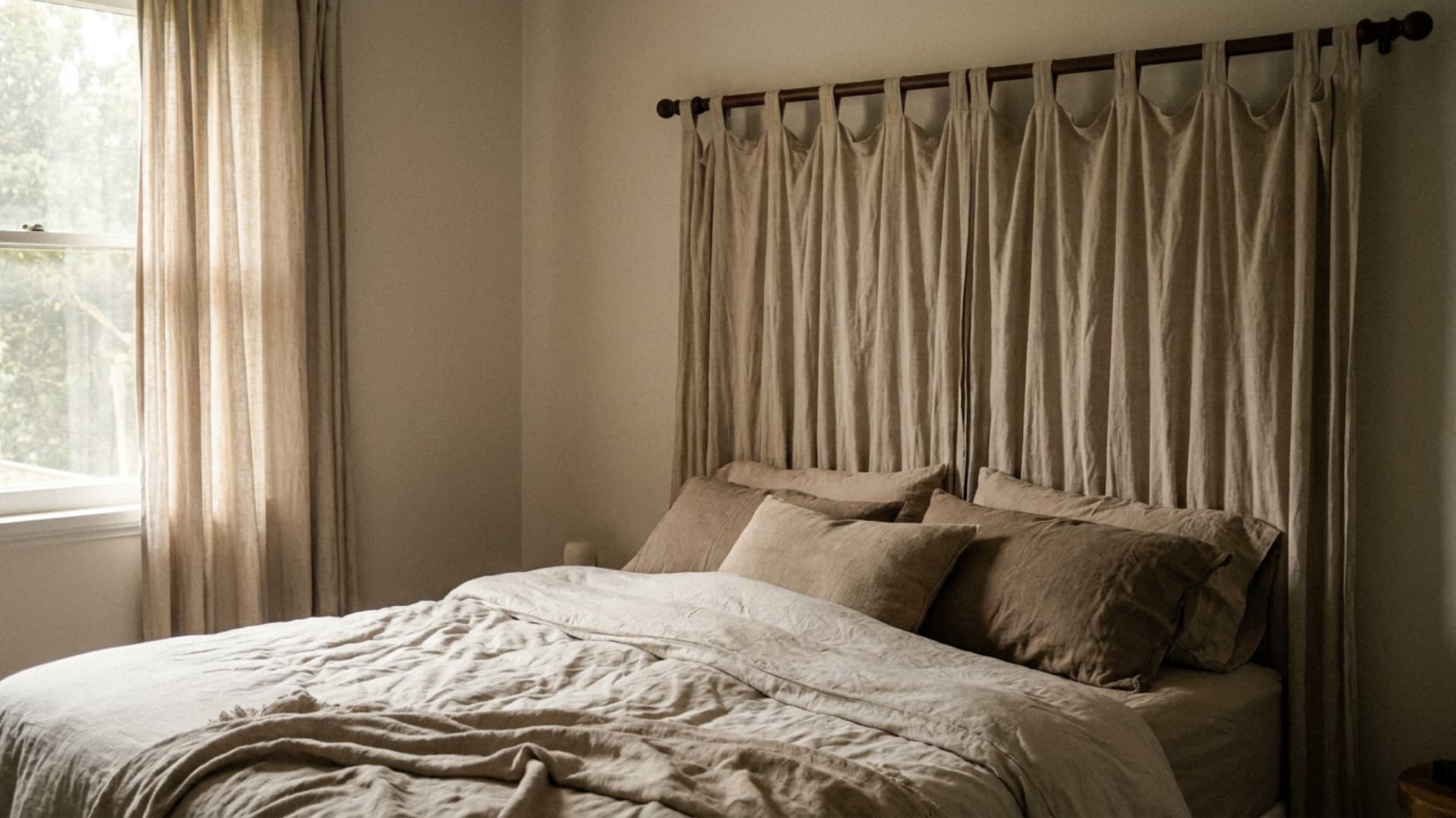 curtain hung fabric headboard draped on a rod above a bed