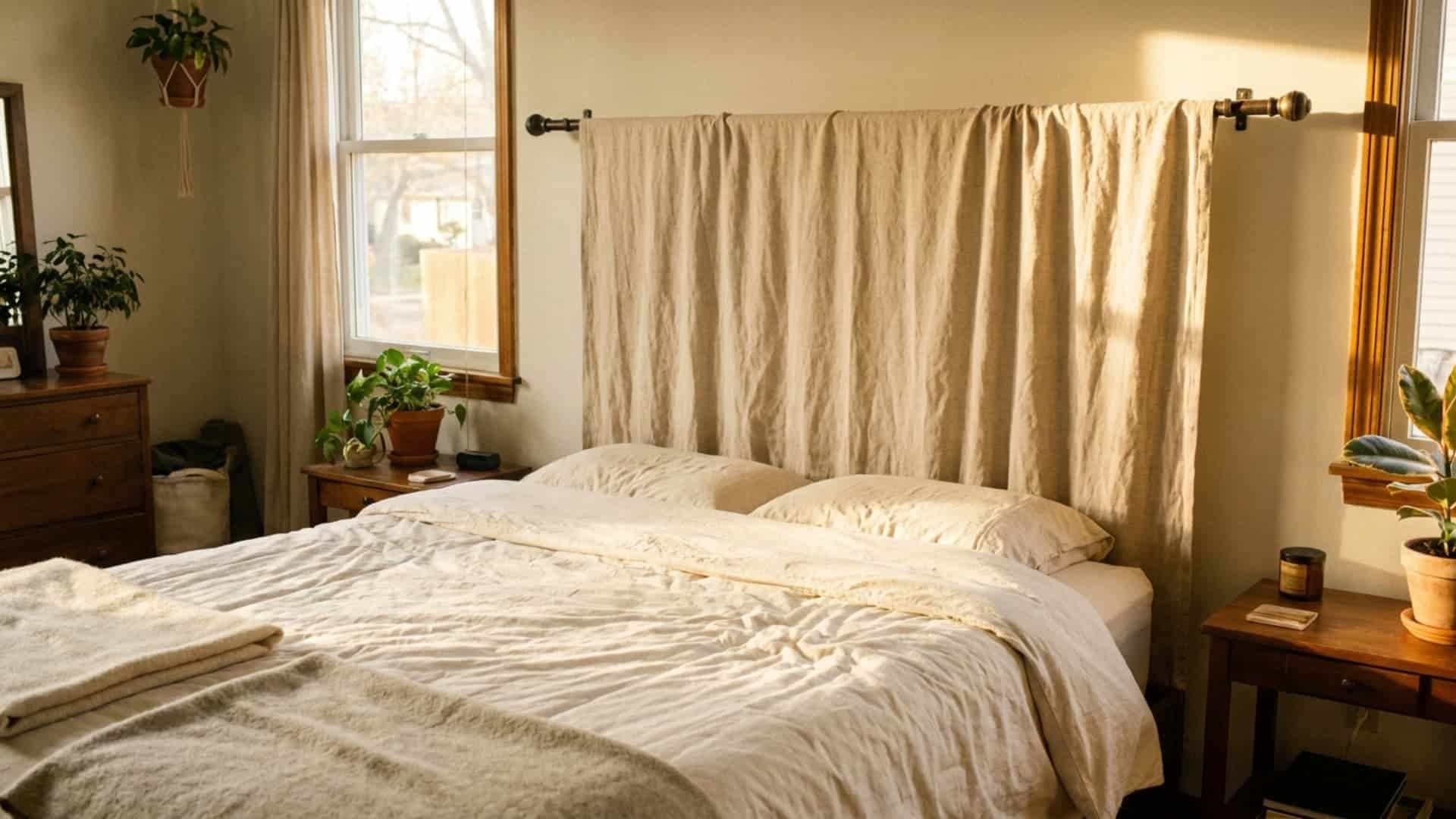 curtain rod hack headboard with fabric stretched behind a bed