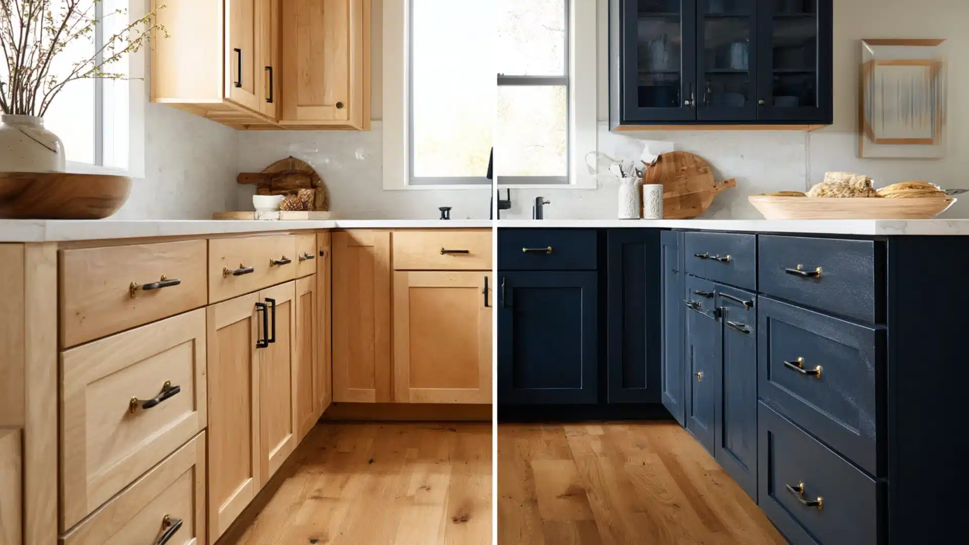 before and after kitchen island with light wood cabinets repainted navy blue on the same layout