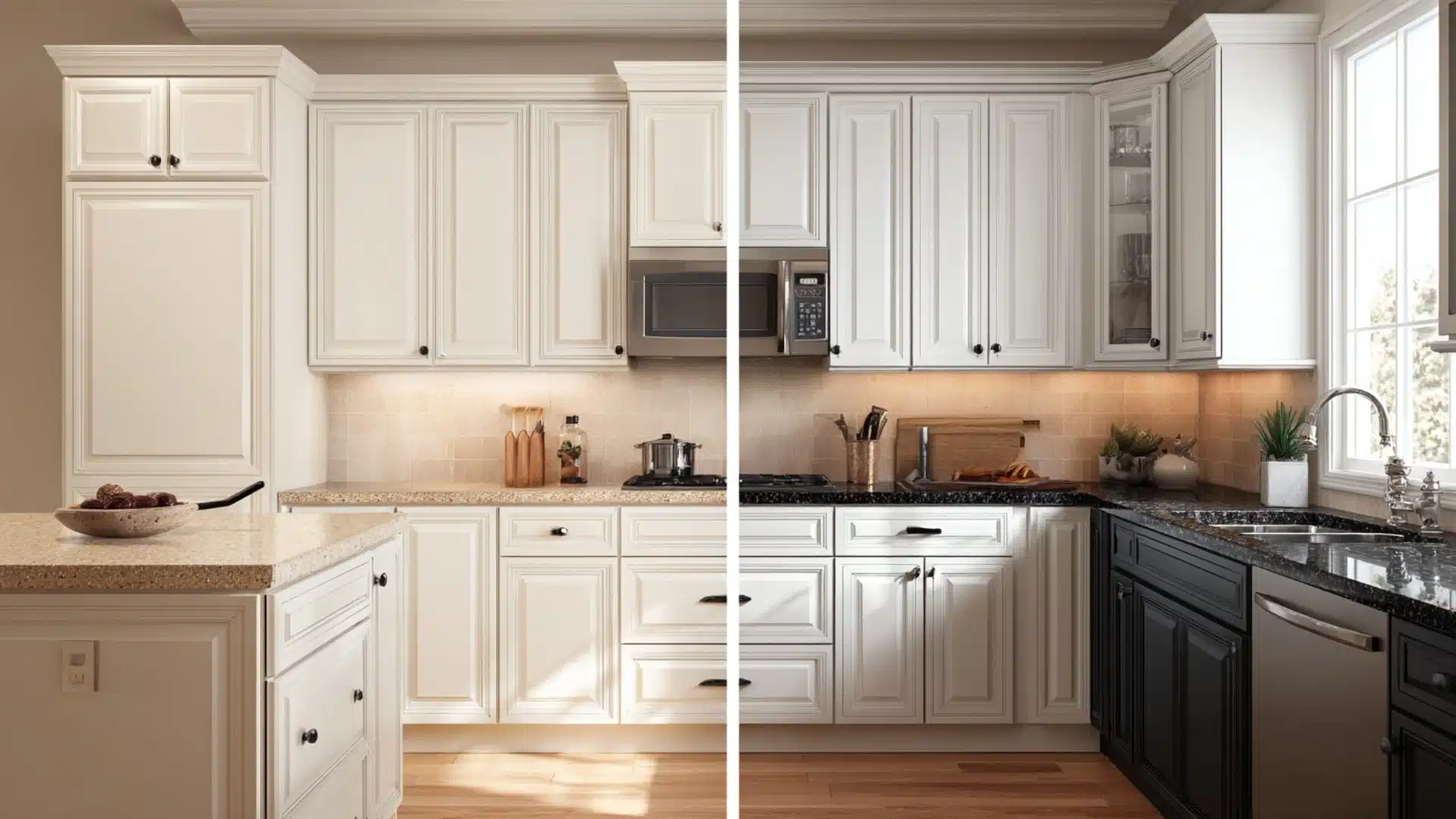 before and after white kitchen cabinets with beige countertop swapped for a dark speckled granite