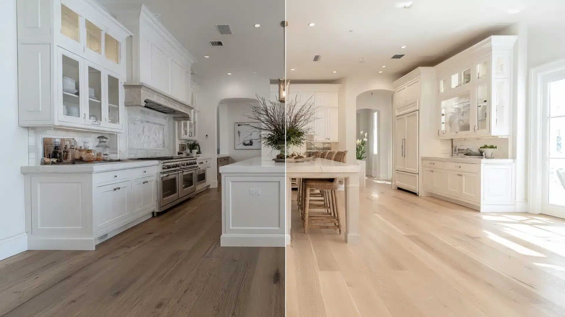 before and after kitchen showing dark stained wood floors lightened to a pale natural wood finish