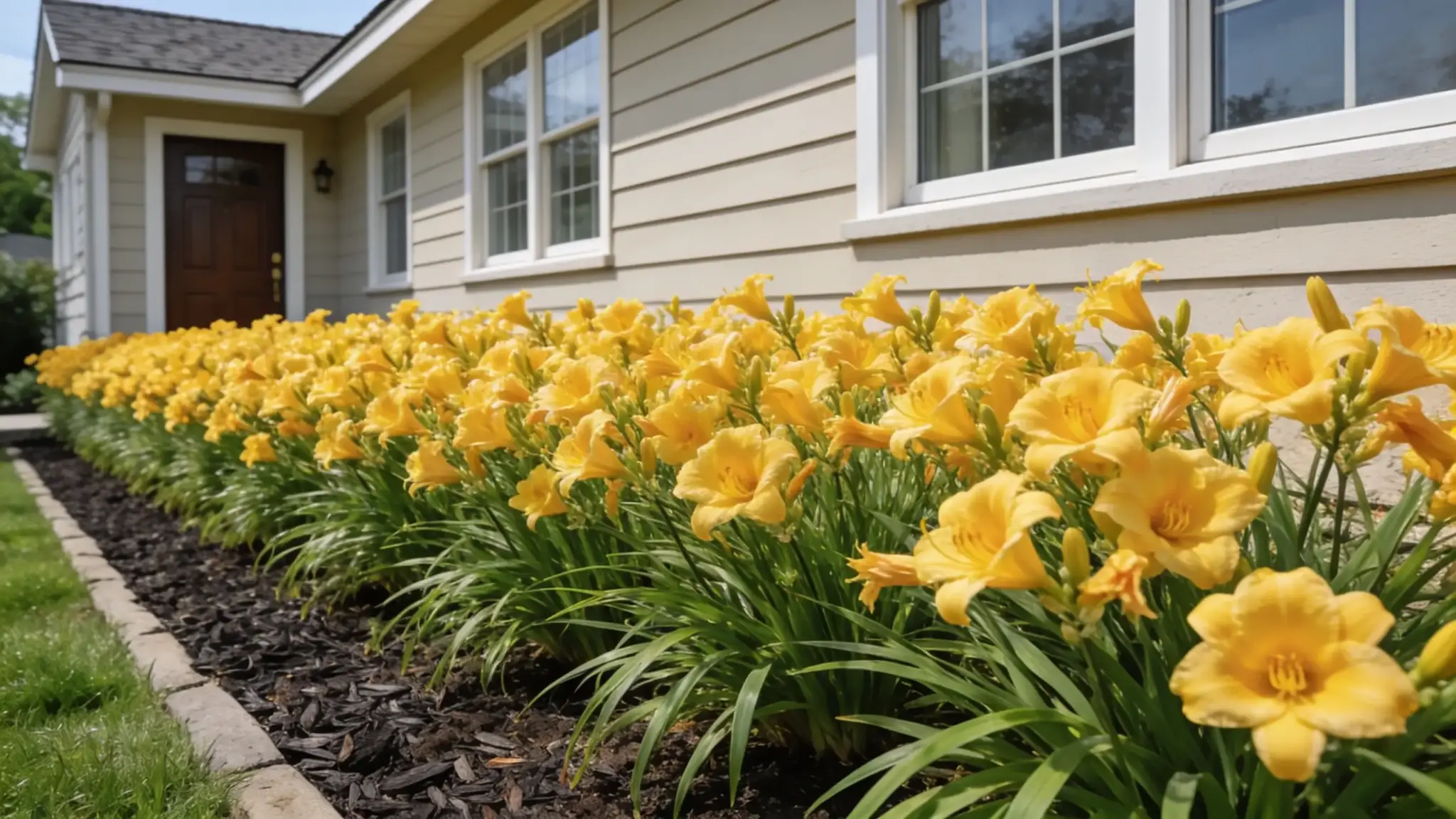 planting of golden daylilies in neat even rows along a fully visible home foundation