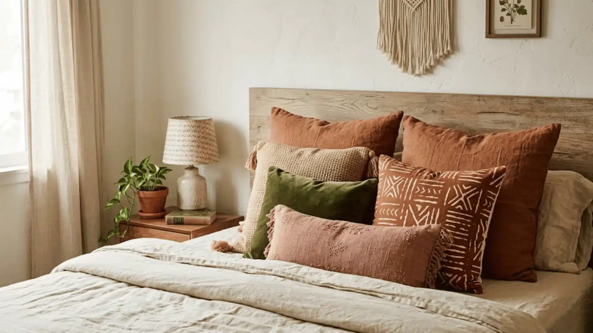 earth-toned boho throw pillows in terracotta, rust, olive, and dusty rose layered on a linen bed