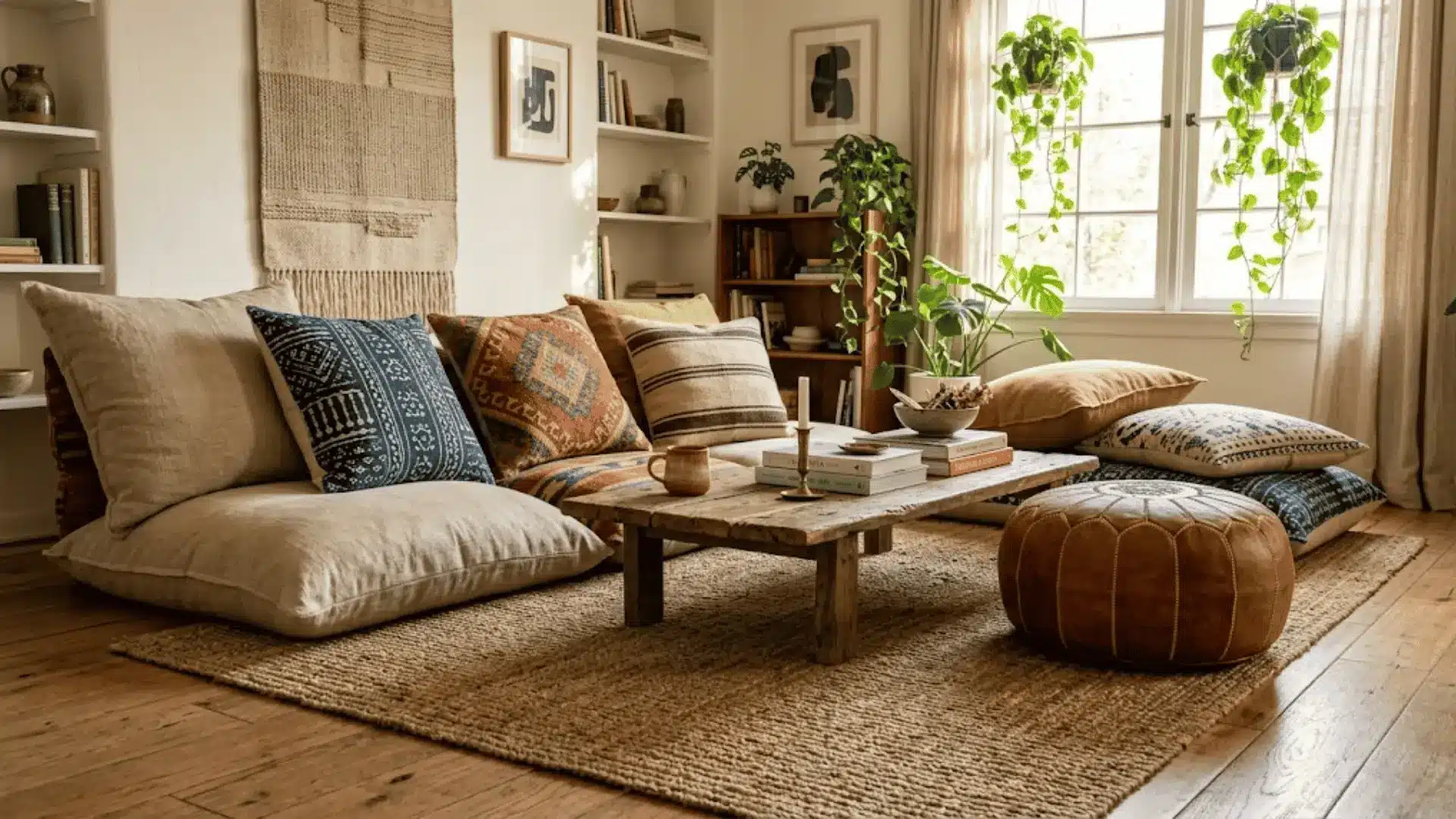 floor cushions and moroccan pouf arranged around a low wood table on a jute rug