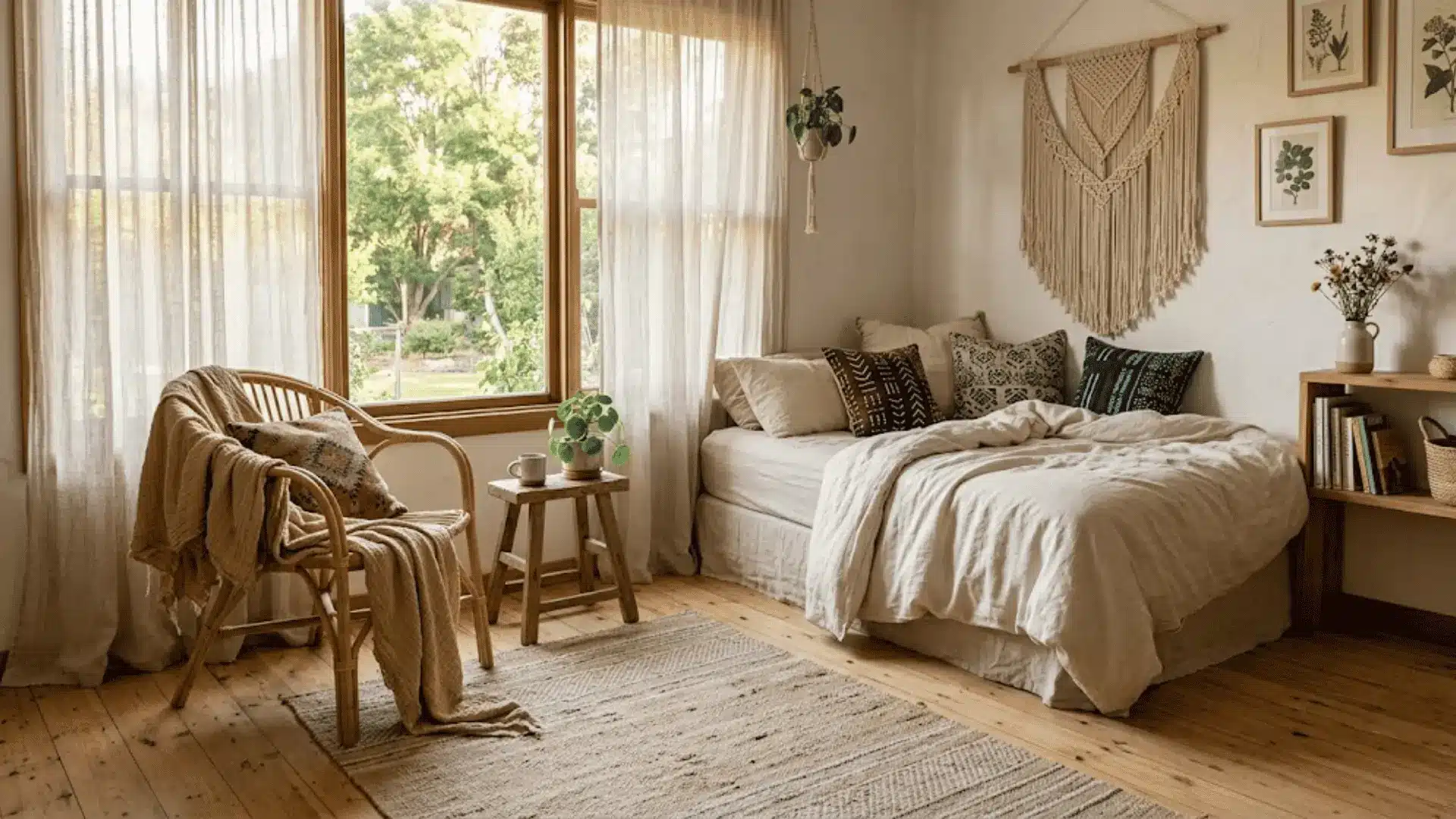 boho bedroom with sheer linen curtains, rattan chair, cotton throw, macramé wall hanging, and mixed textile cushions