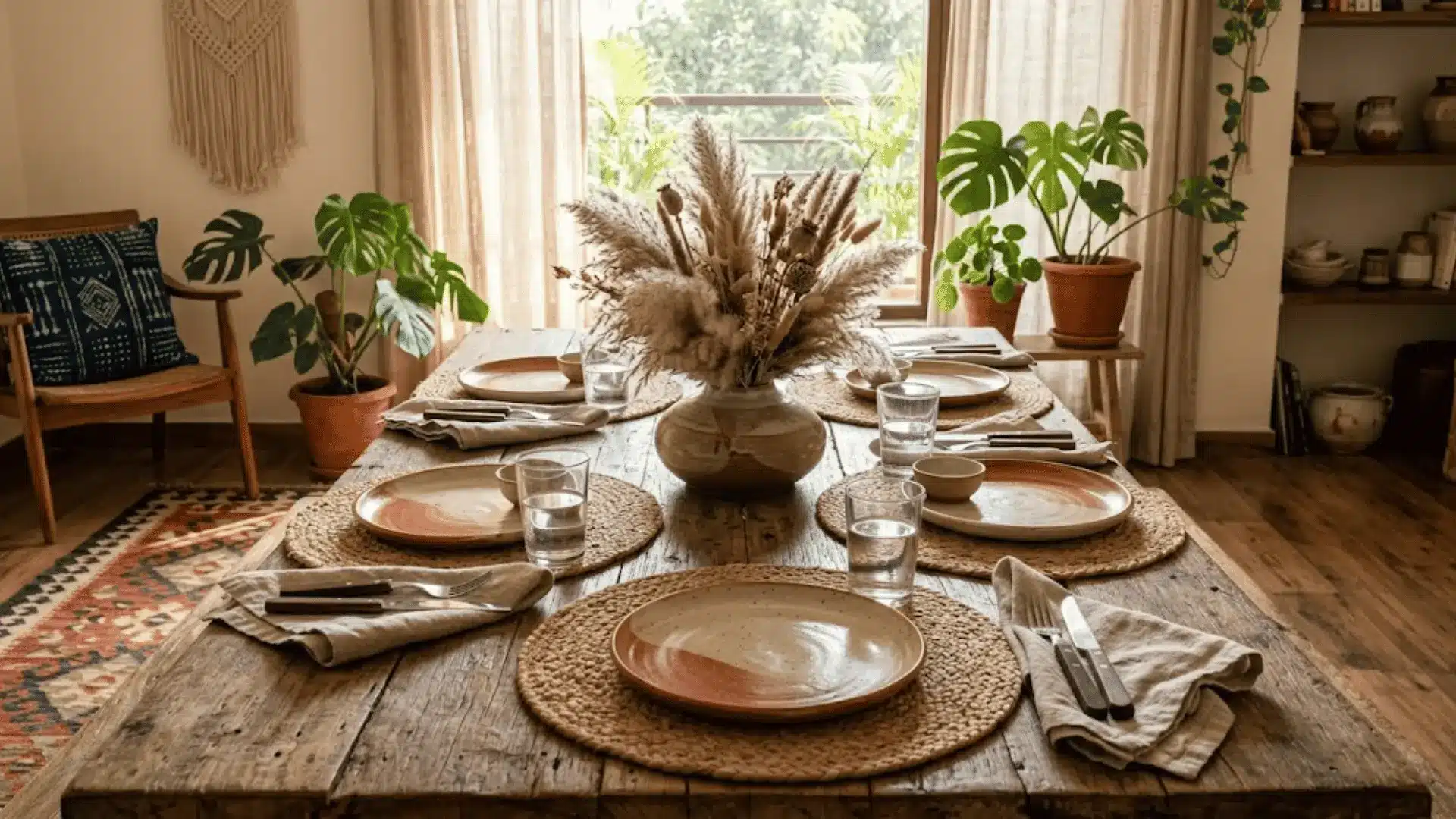 woven jute placemats under handmade ceramic plates on a reclaimed wood boho dining table