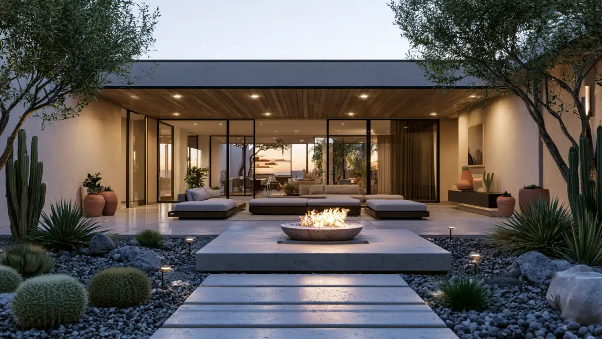 desert modern patio with concrete fire bowl low seating cacti landscaping and glass wall interior views