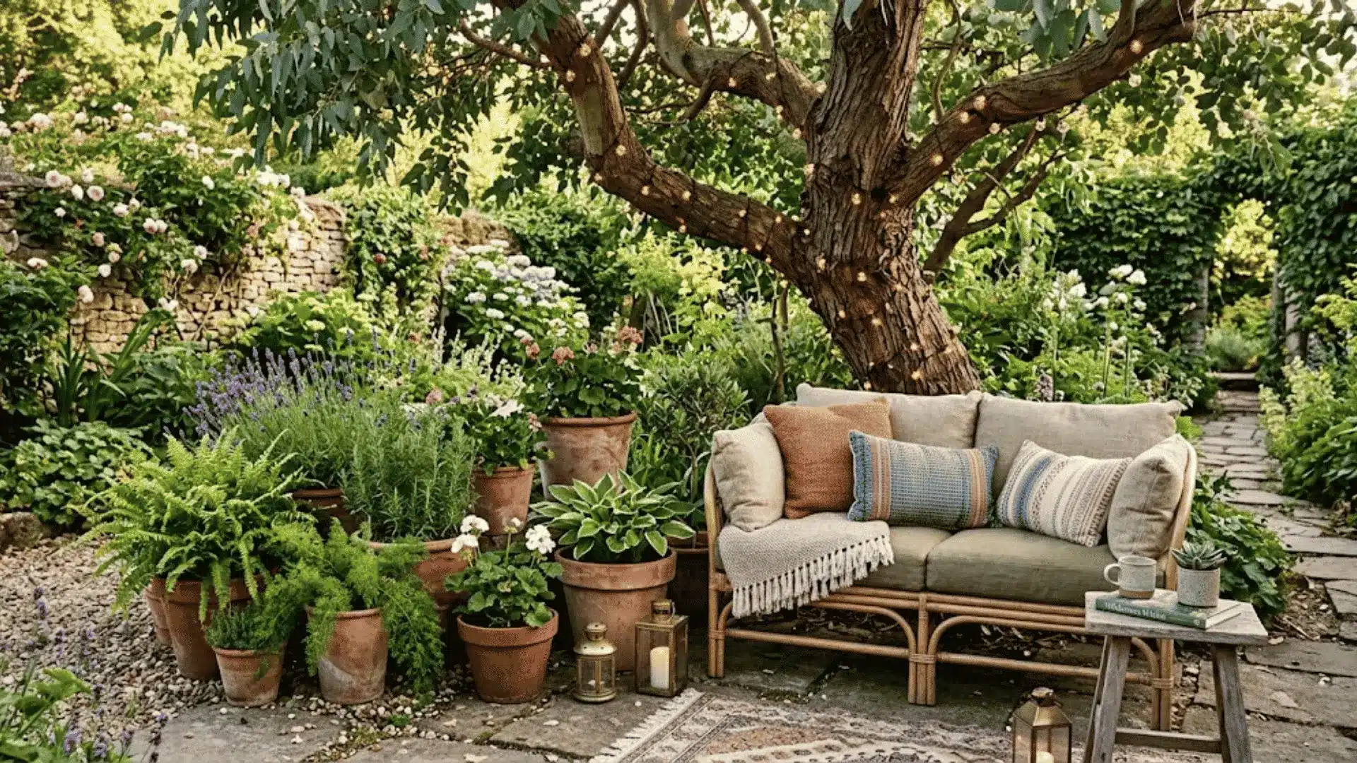 boho garden retreat with rattan loveseat, terracotta pots, lanterns, and string lights under a mature tree