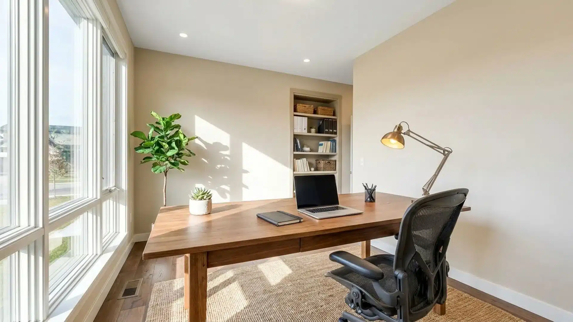 home office desk positioned beside large windows with natural daylight, task lamp, laptop, and organized shelving