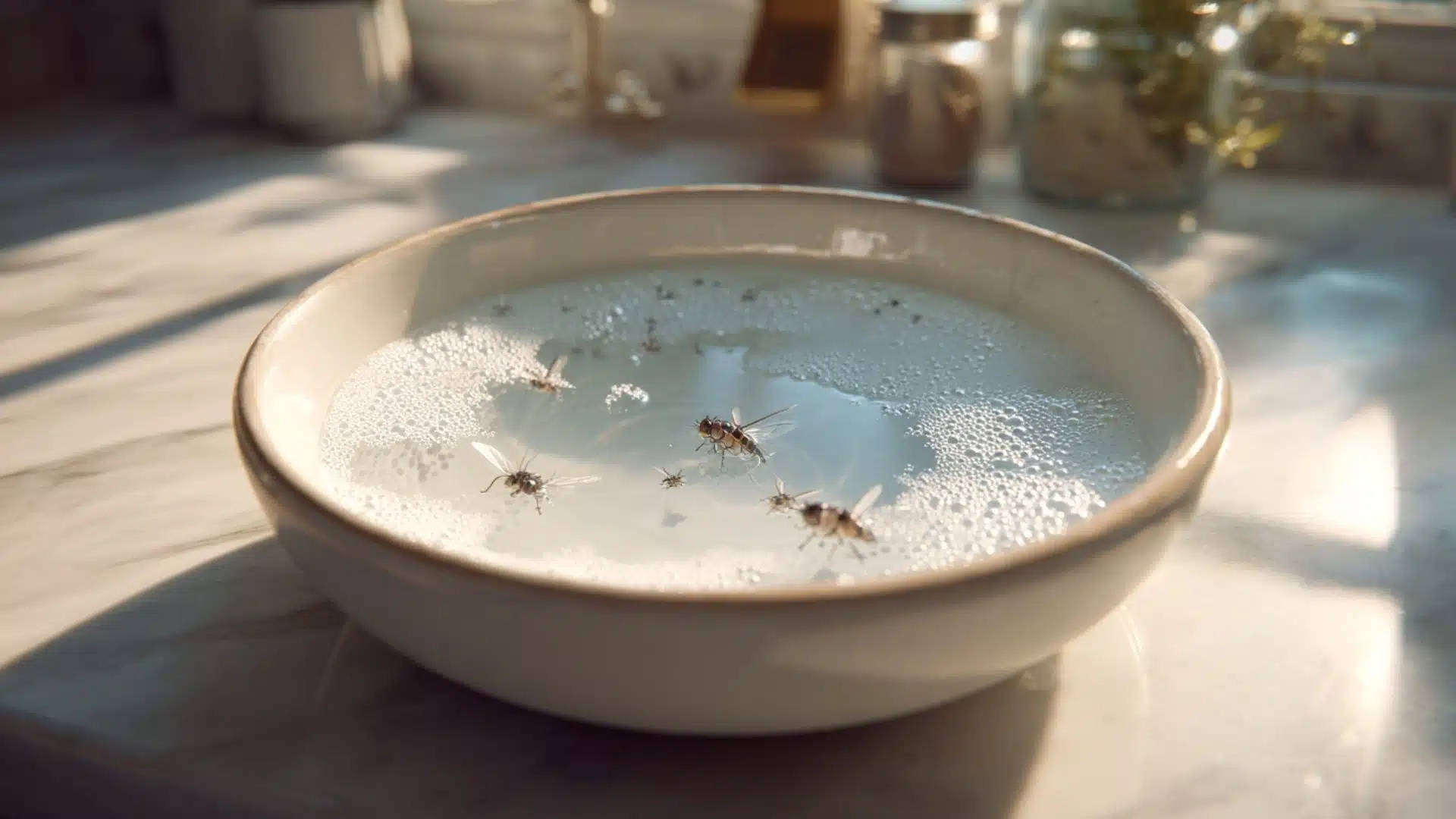 a bowl of water filled with bubbles sits on a kitchen counter reflecting light and creating a serene atmosphere