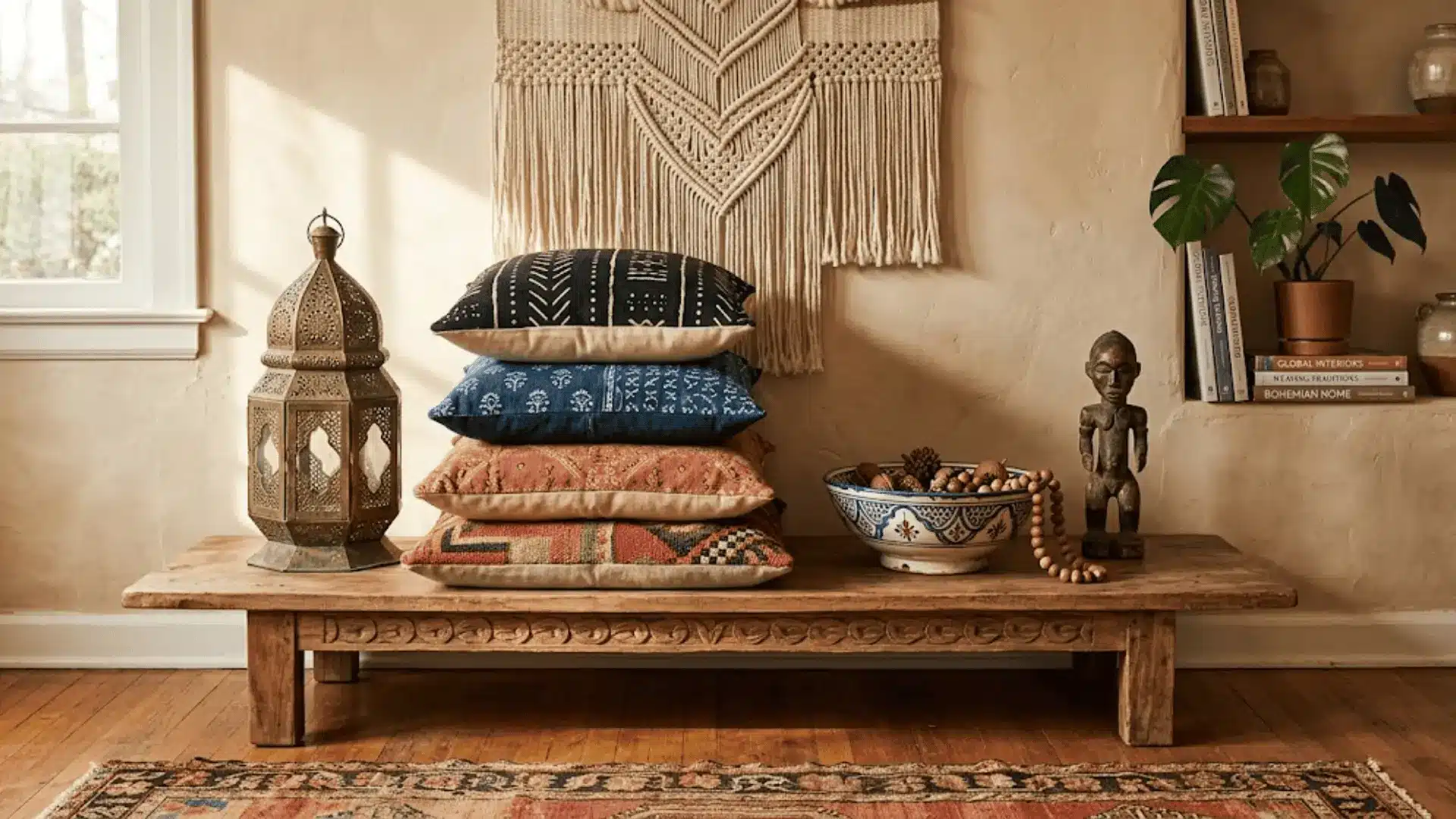 global boho vignette with moroccan lantern, mudcloth cushions, and hand-painted ceramics on a wood console