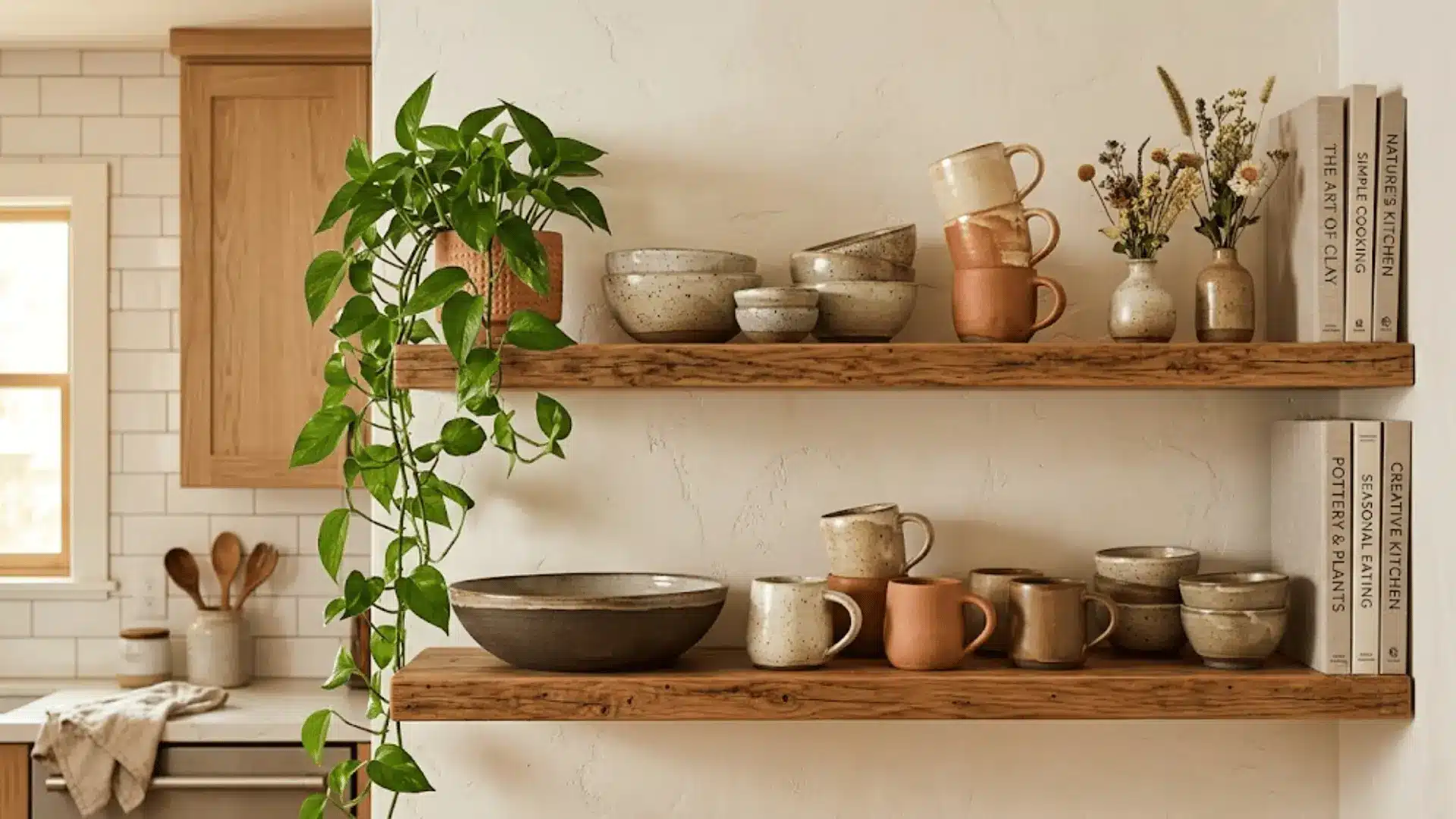 handmade stoneware ceramics in earthy tones displayed on open wooden kitchen shelving