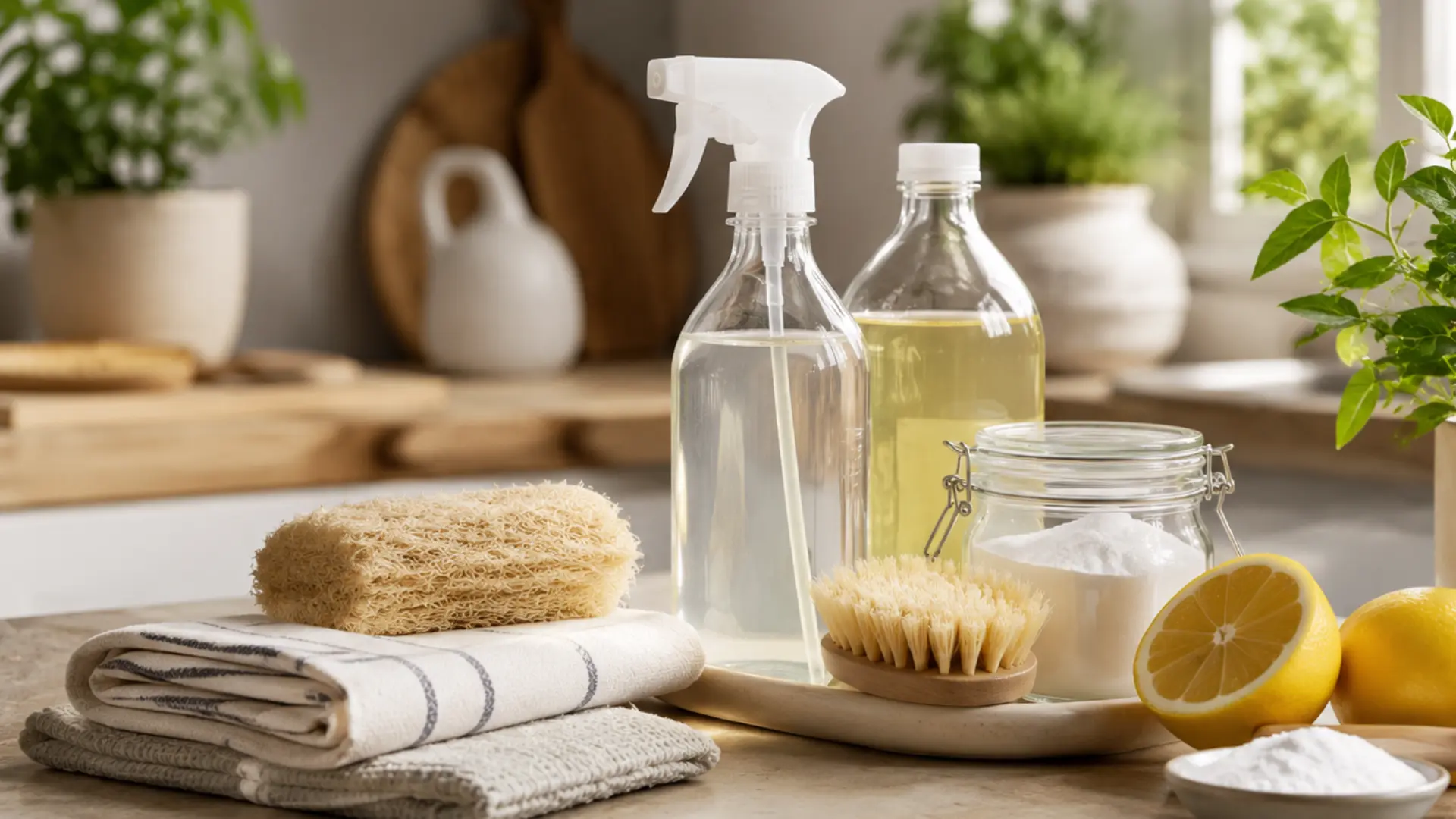 bright sunlit kitchen countertop with natural diy cleaning products, lemons, brushes, and plants neatly arranged