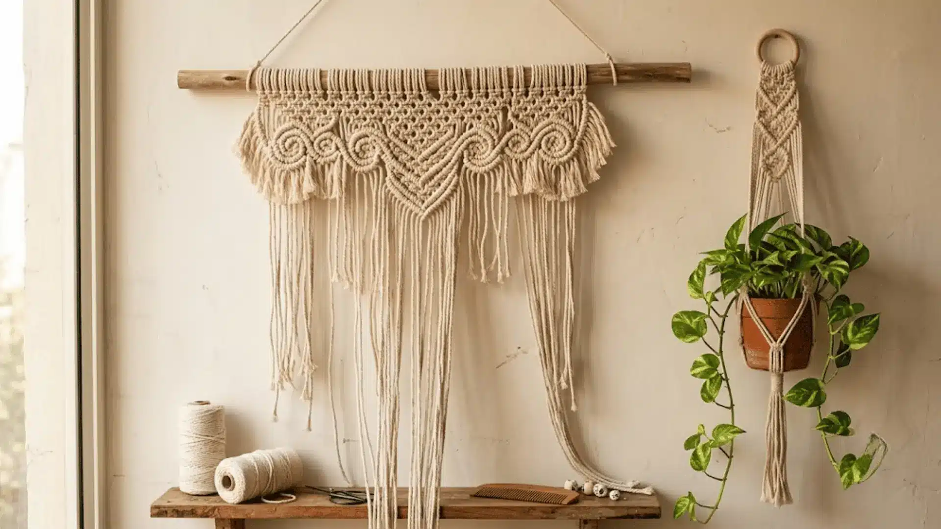 handmade macramé wall hanging on a wooden dowel beside a finished macramé plant hanger in natural light