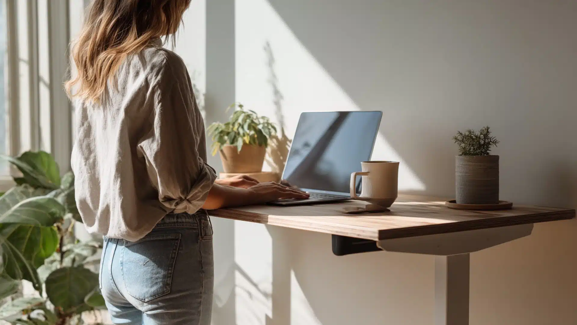 a woman working on her laptop at a standing desk surrounded by books and a plant in a cozy office space