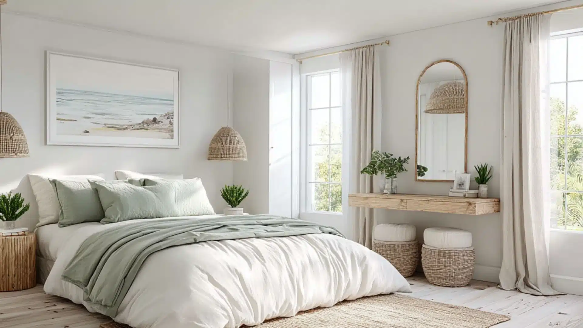 bright bedroom with vanity table, wall mirror, woven accents, and natural light near window area