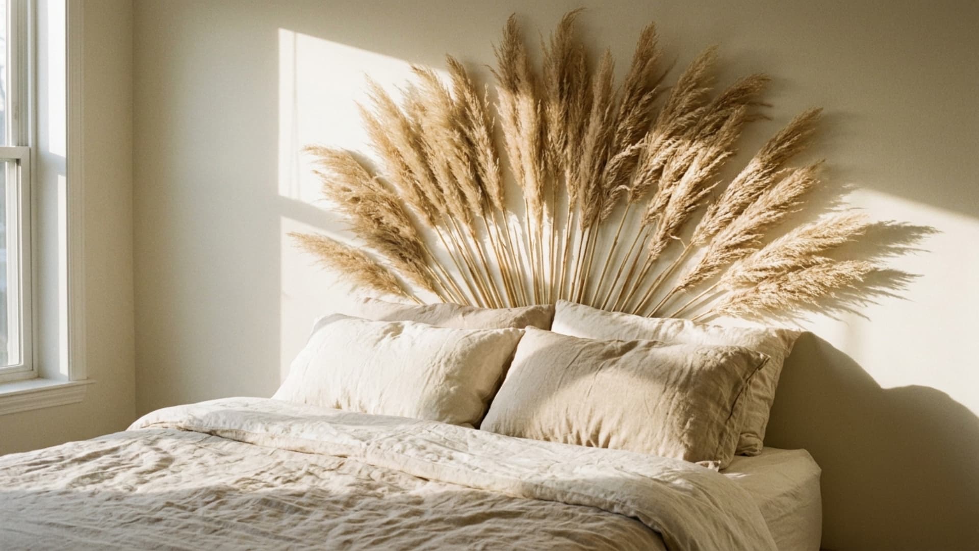 dried pampas grass headboard fanned behind a bedroom bed