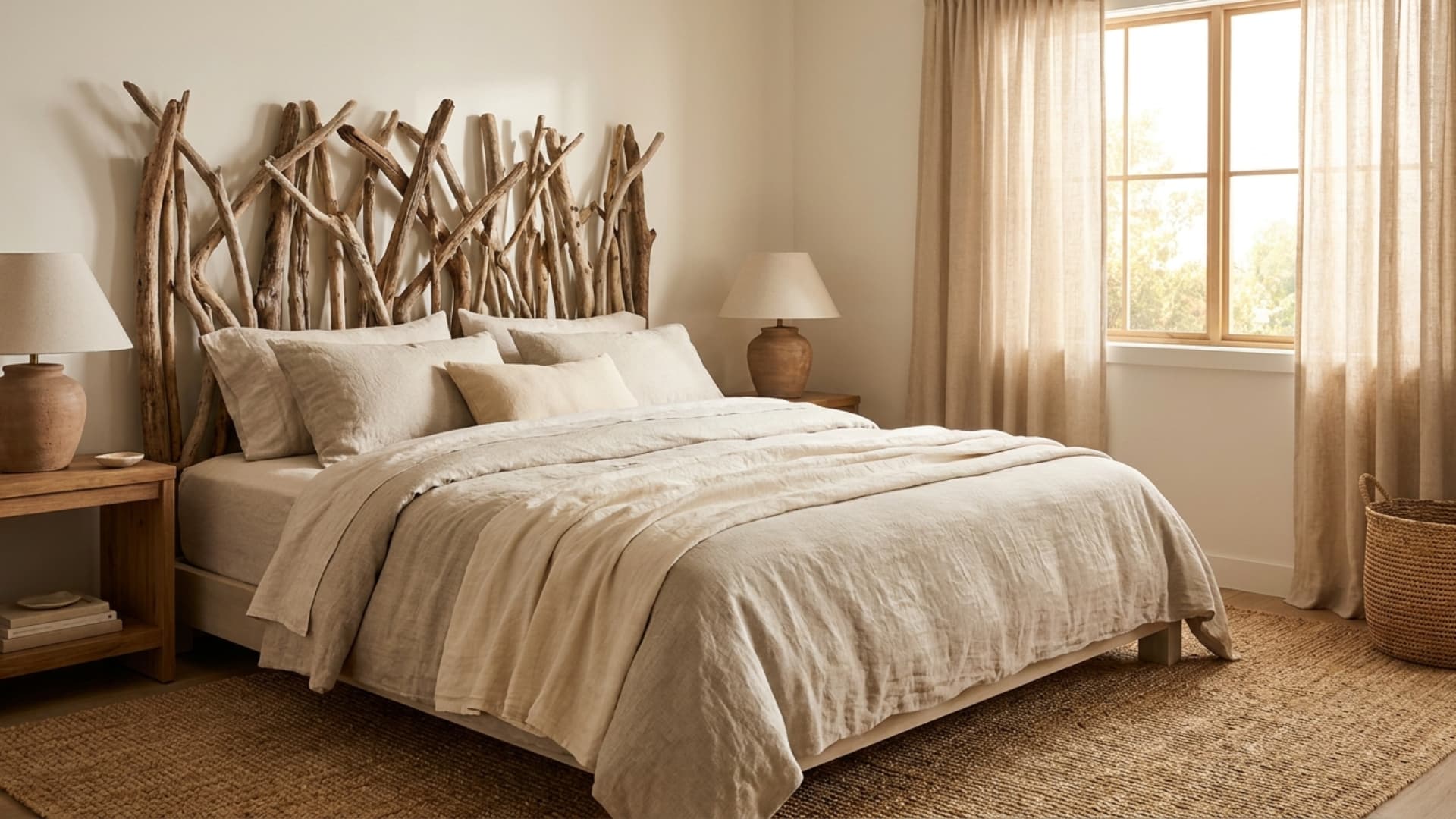 driftwood accent headboard above a coastal bedroom bed
