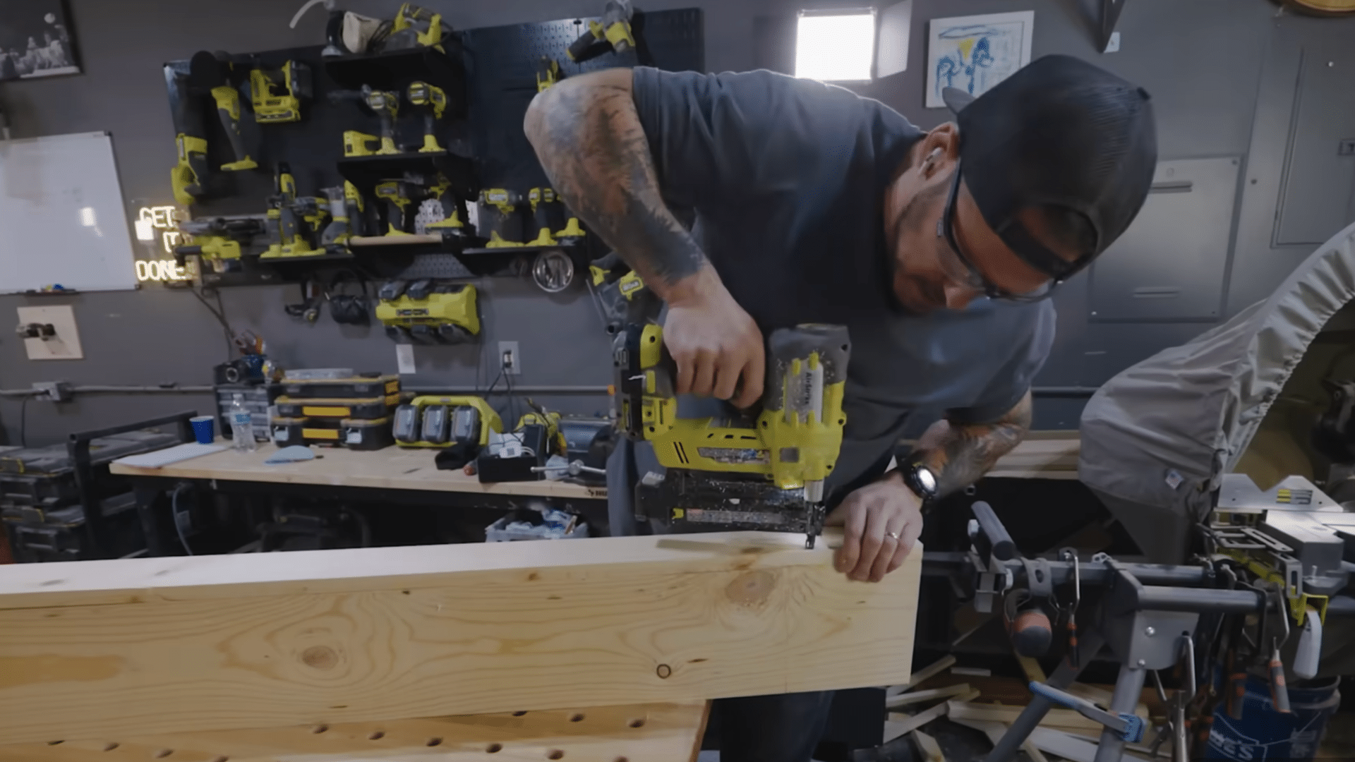 drilling holes into a wood board for hidden rod bracket shelf