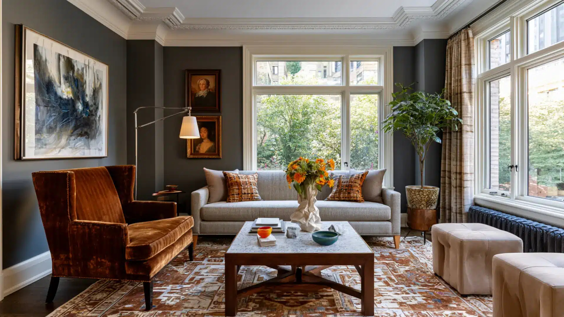 eclectic living room with rust velvet wingback chair gray sofa ornate portrait frames and patterned area rug
