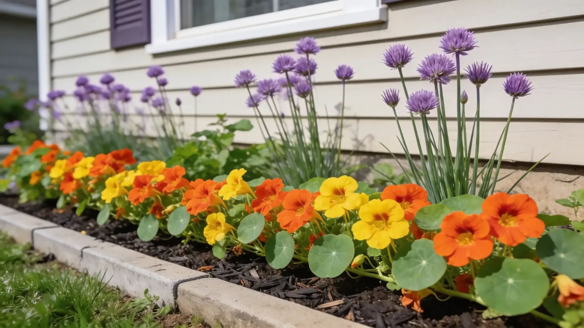 edible ornamental bed with orange nasturtiums and purple chive blooms in a front yard