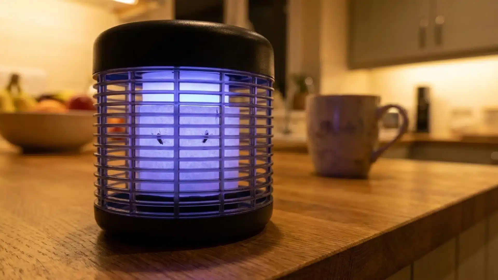 a bug zapper sits on a kitchen table, emitting a soft glow while attracting and eliminating flying insects around it