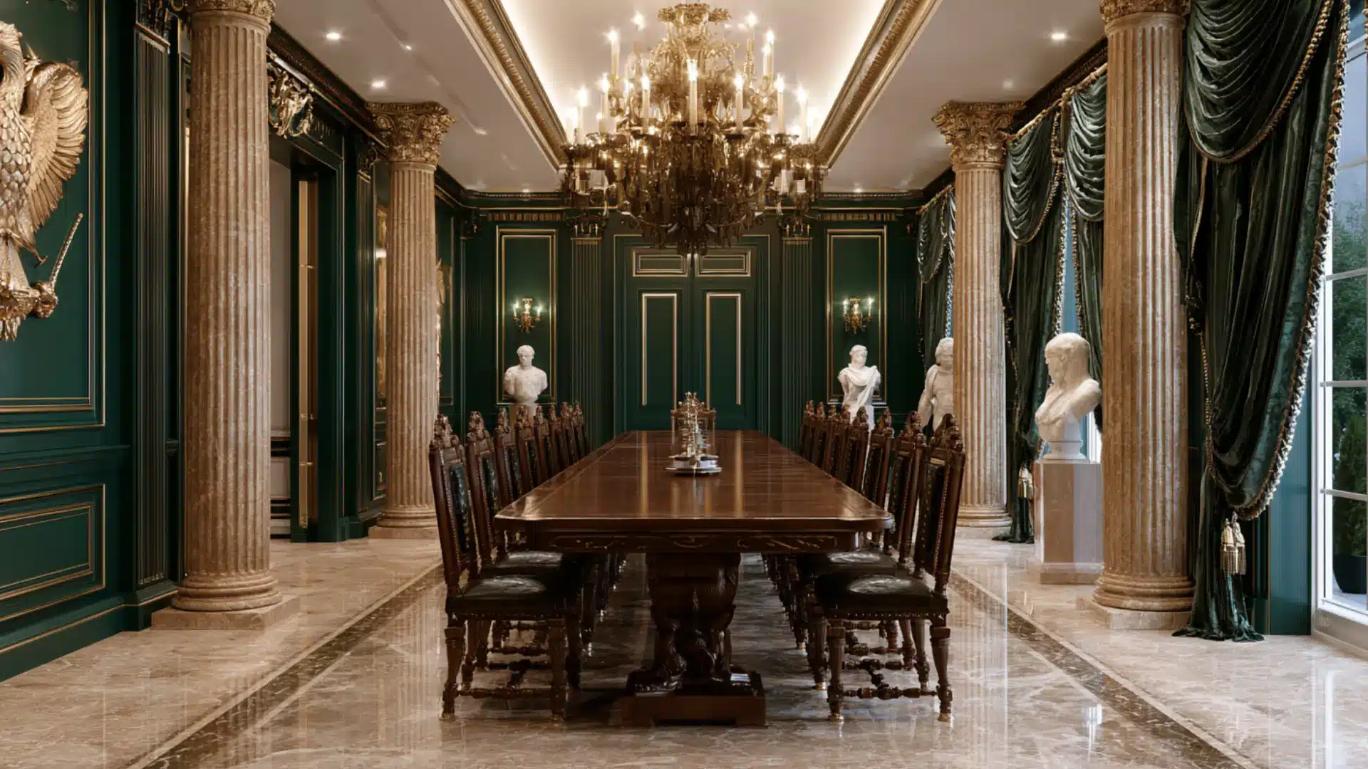 empire style dining room with corinthian columns gold chandelier dark green paneling and marble busts