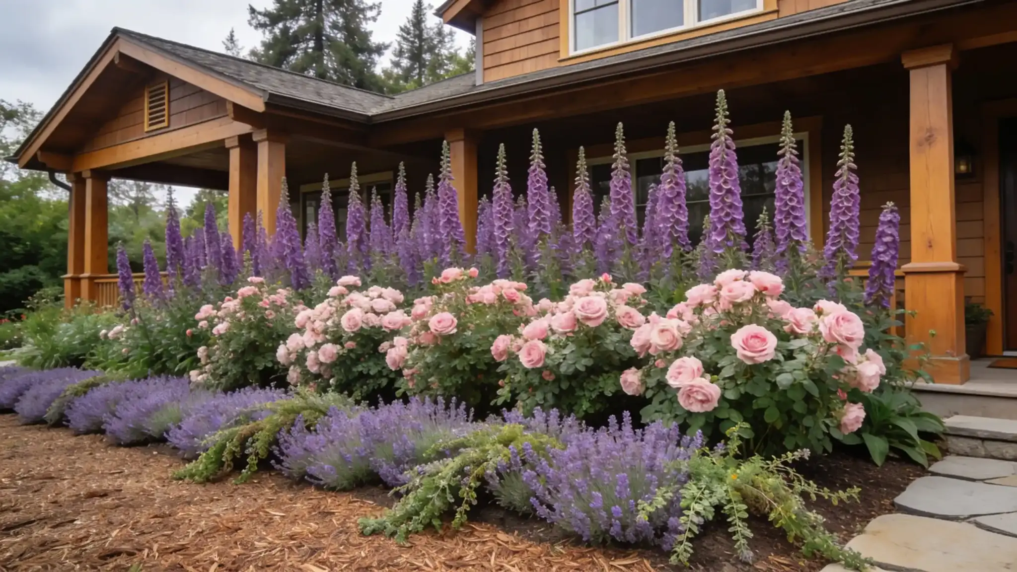 english cottage border garden with lavender roses and foxglove in front of a craftsman home