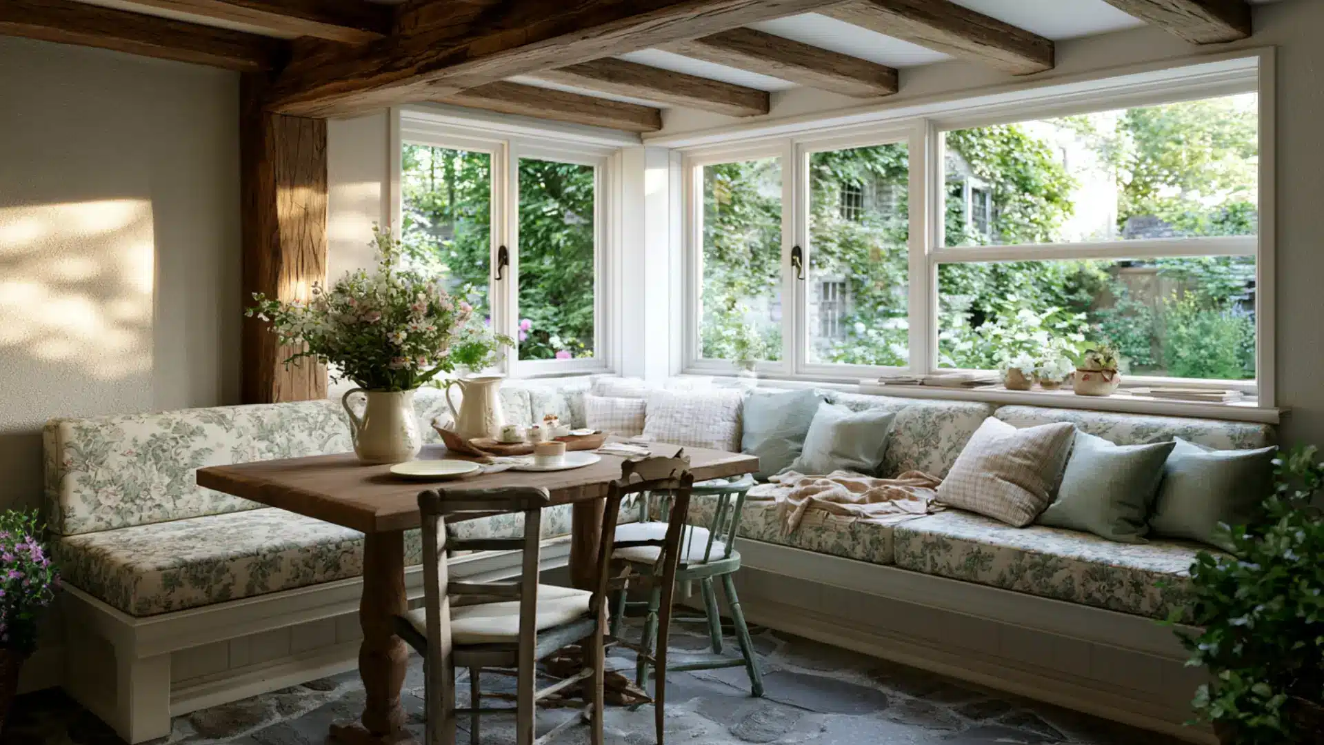 english cottage breakfast nook with floral banquette seating wood dining table exposed beams and garden view windows