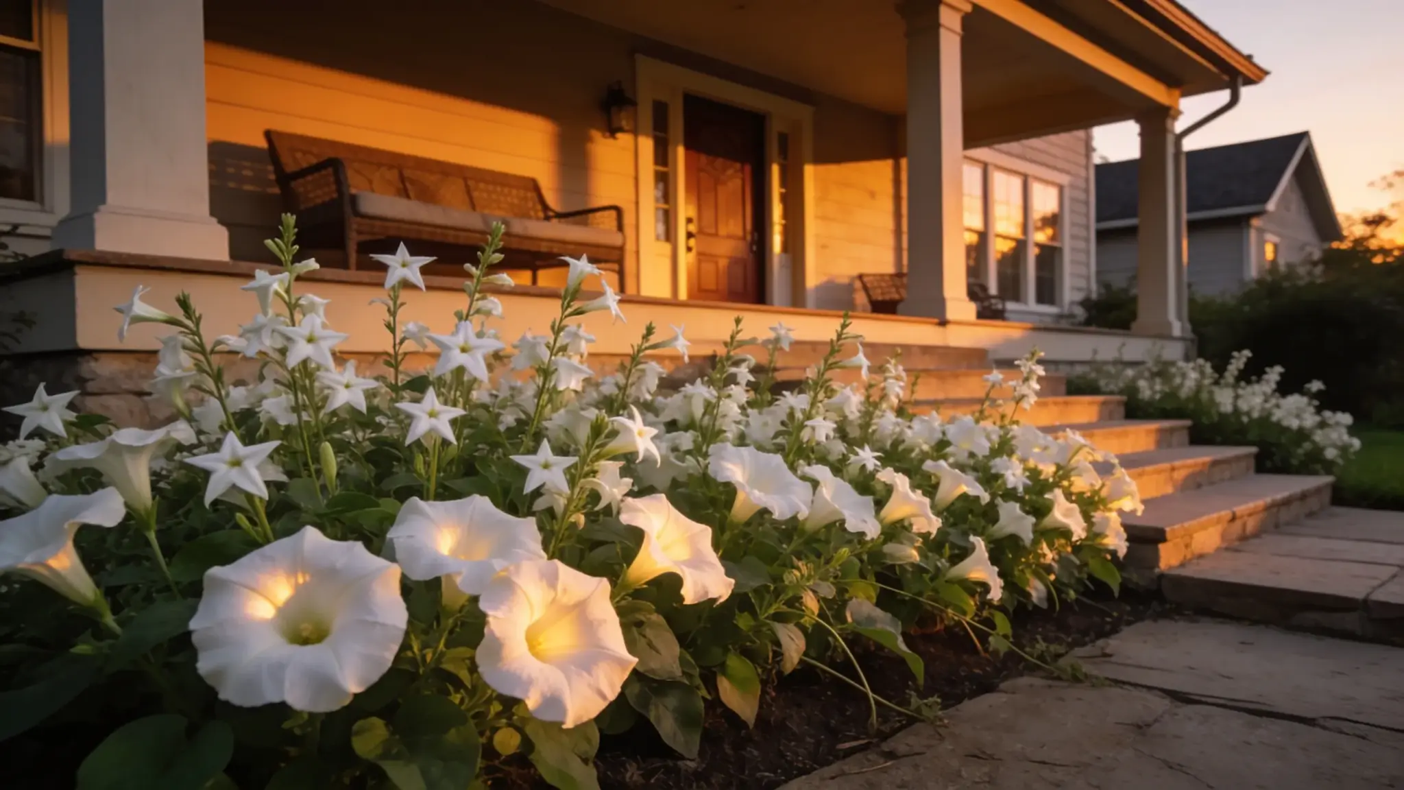 evening garden bed with white moonflower and nicotiana glowing softly at dusk beside a porch entrance