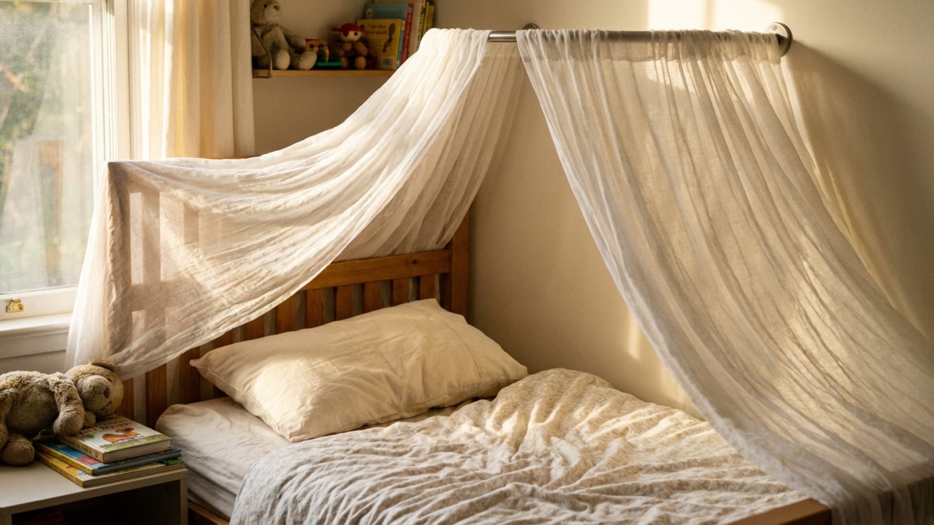 fabric canopy style headboard draped above a kids bed
