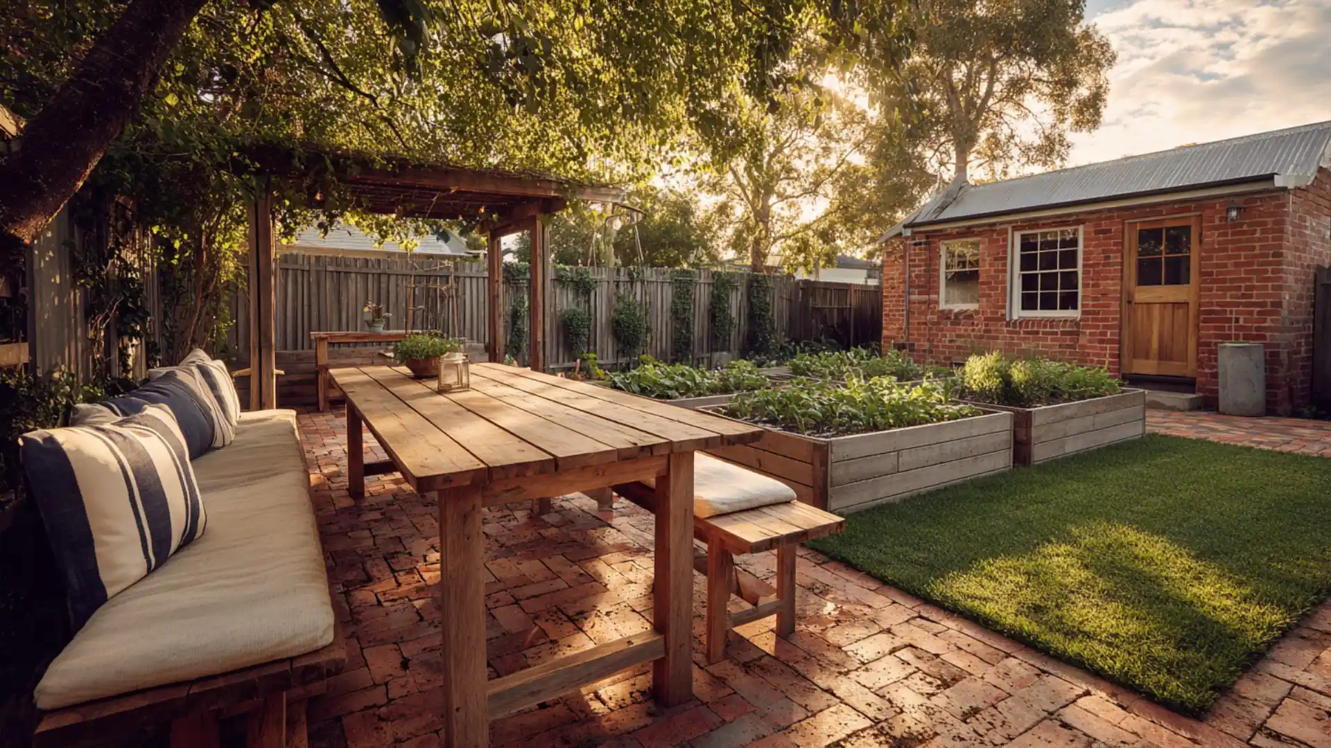 a backyard scene featuring a wooden table and bench surrounded by grass and a few scattered plants and flowers