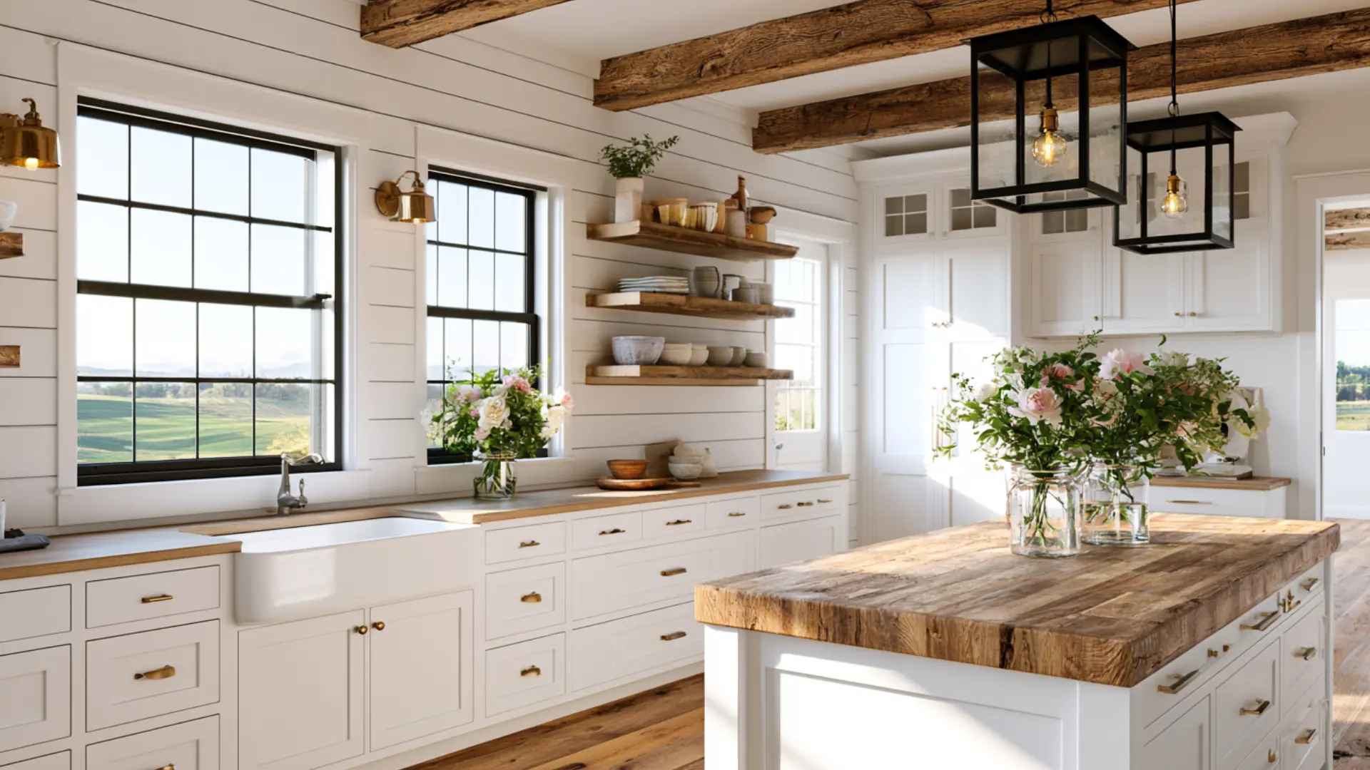 farmhouse kitchen with white shaker cabinets butcher block island farmhouse sink and open wood shelving