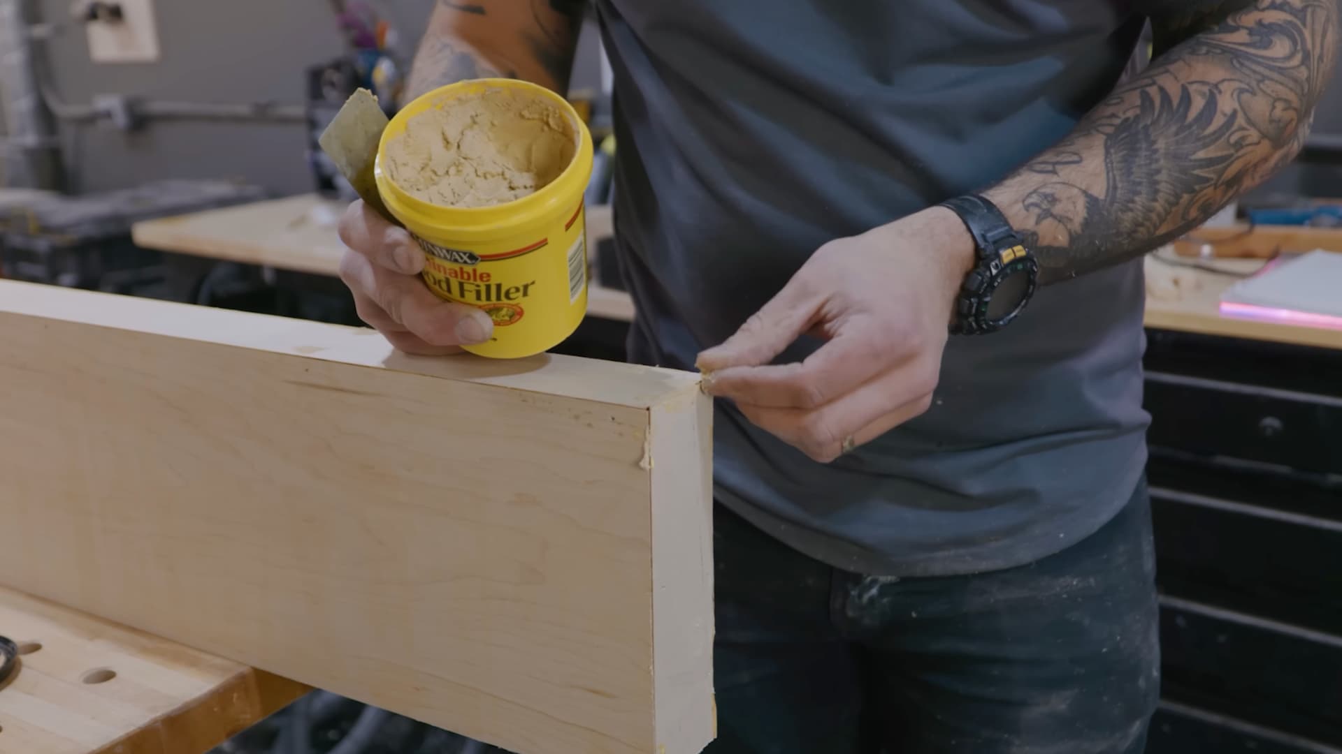 sanding and staining a plywood box style floating shelf