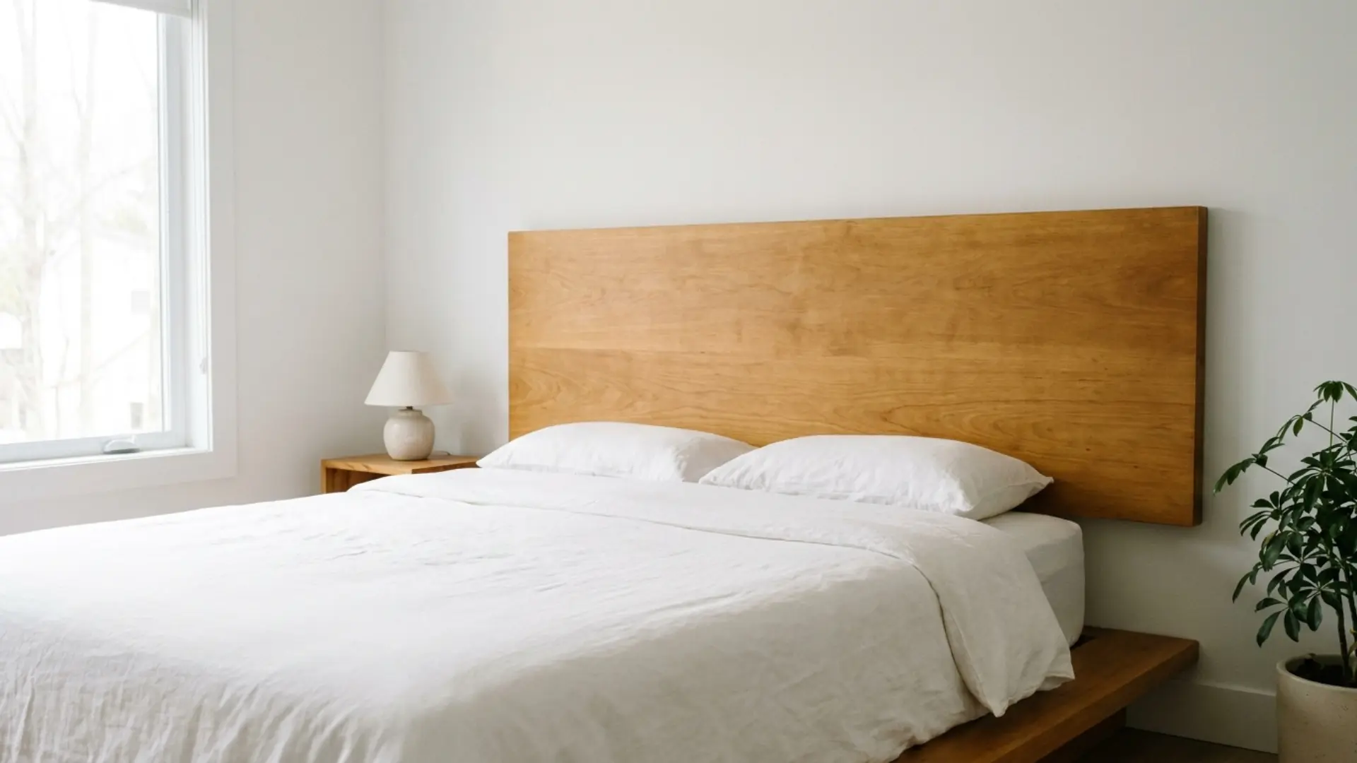 floating wood slab headboard mounted behind a minimalist bed