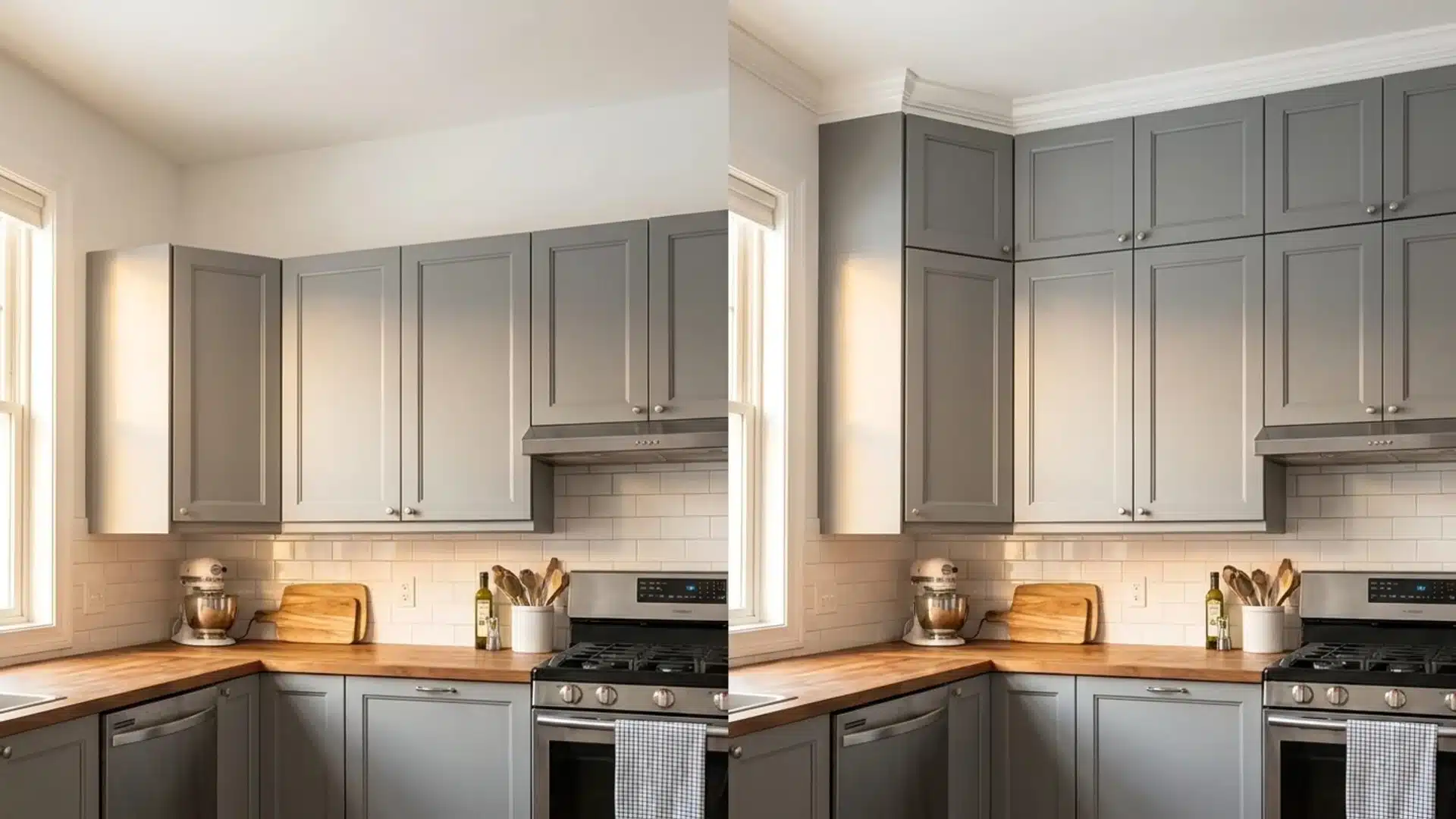 before and after grey kitchen cabinets extended floor to ceiling with added crown moulding above
