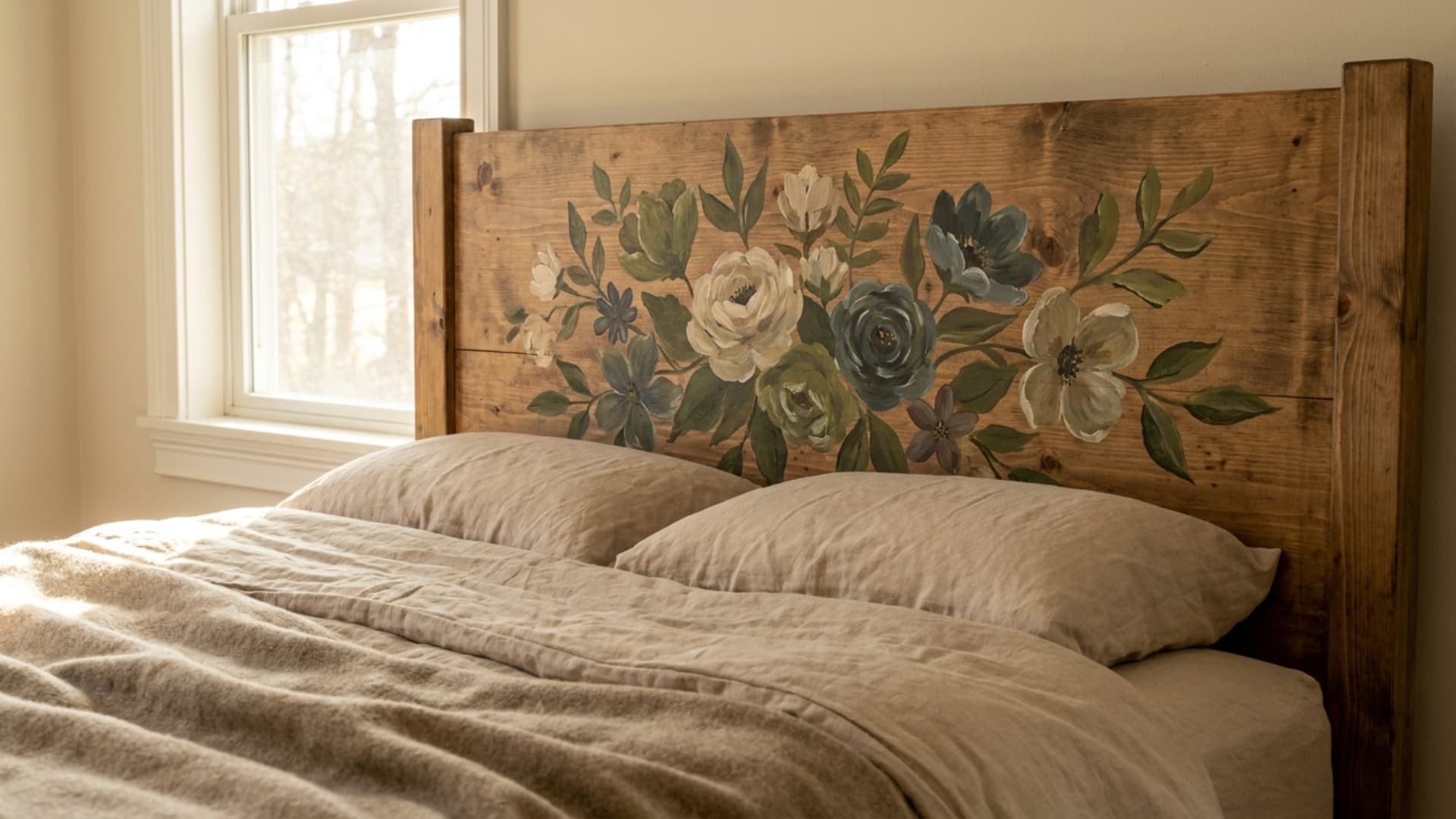 color block headboard in mustard and clay tones behind a bed