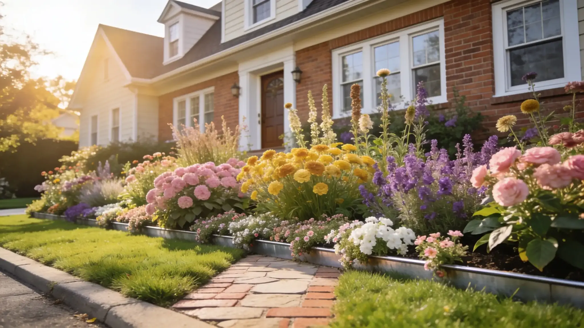 beautifully maintained front yard flower garden in full bloom along a traditional suburban home facade
